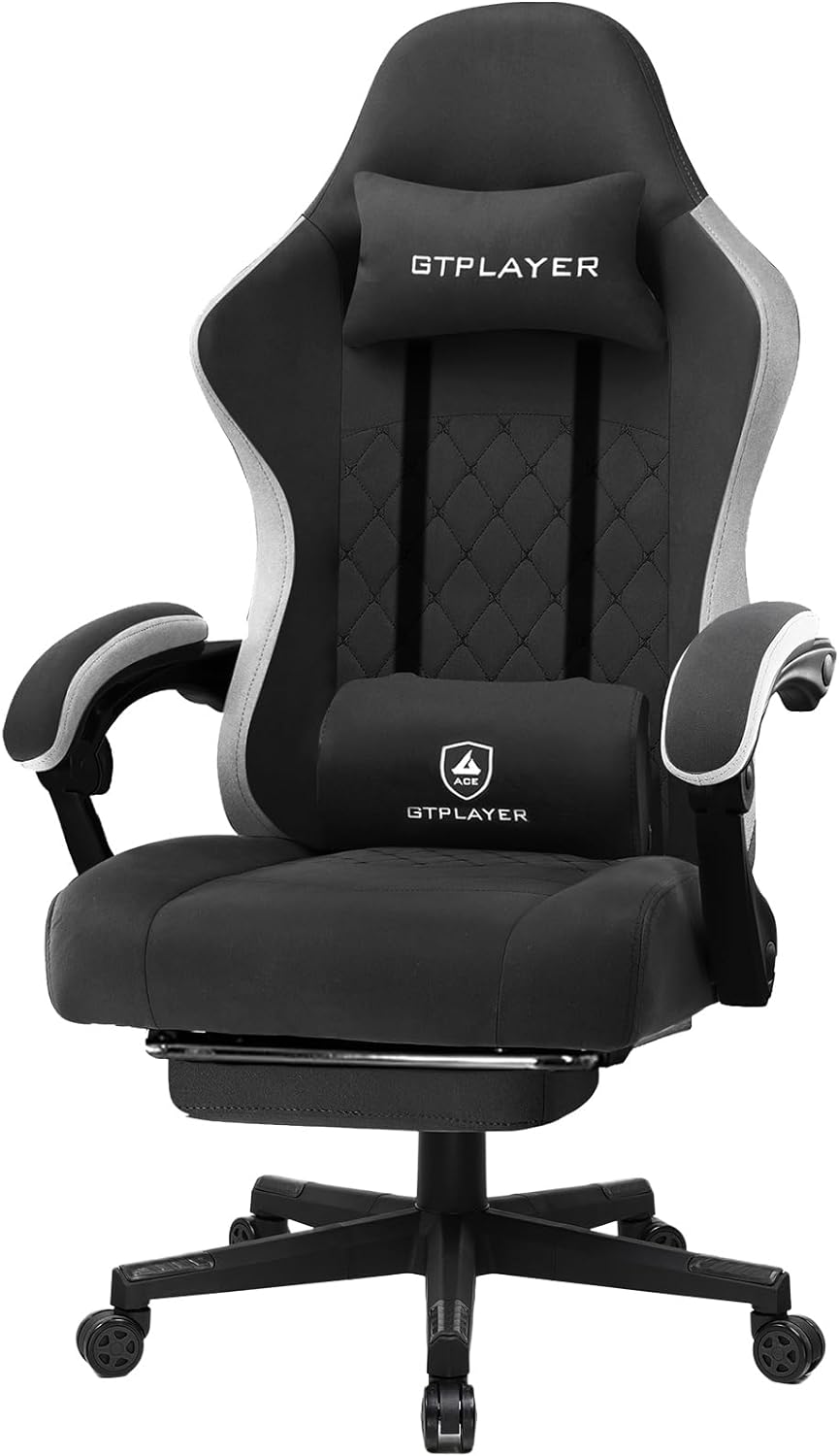 GTPLAYER Gaming Chair with Footrest Fabric Office Chair with Pocket Spring Cushion and Linkage Armrests, High Back Ergonomic Computer Chair with Lumbar Support Task Chair (Black)