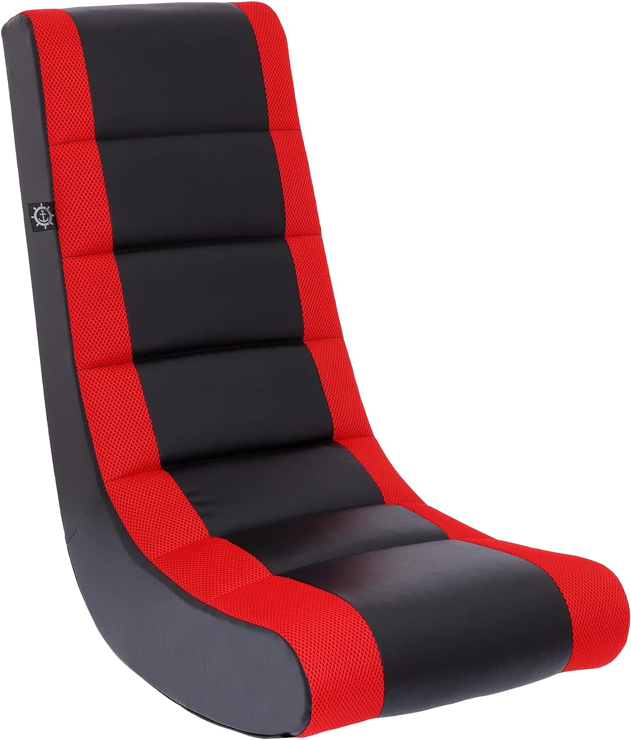 The Crew Furniture Classic Video Rocker Floor Gaming Chair, Kids and Teens, Racing Stripe PU Faux Leather & Polyester Mesh, Black/Red