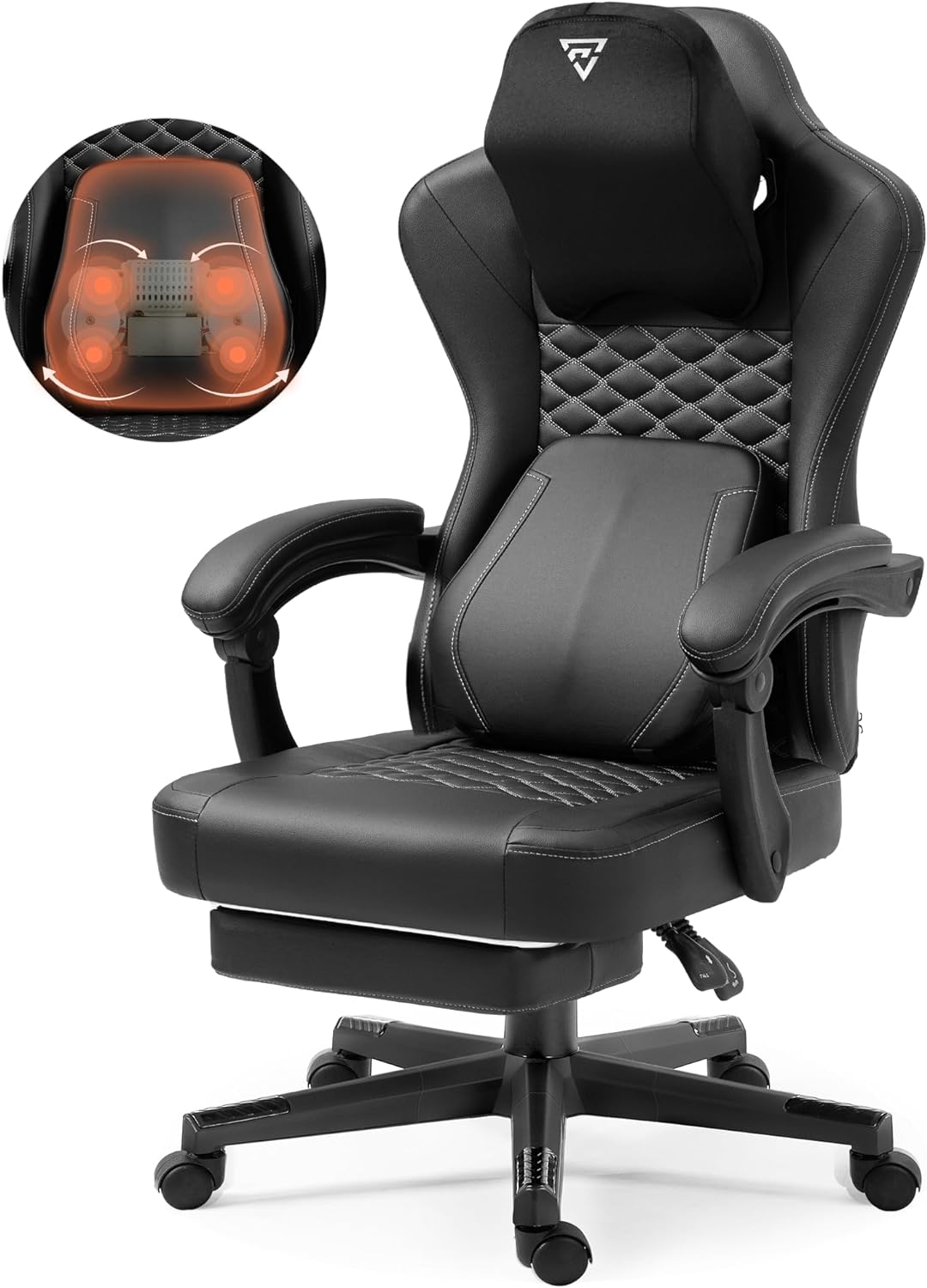 Gaming Chair with Heated Massage Lumbar Support, Ergonomic Gaming Computer Chair with Pocket Spring Cushion and Footrest, Recliner High Back PC Chair for Adult, 330lbs, Black