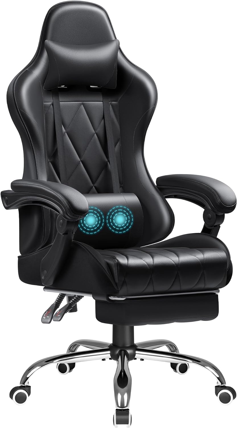 Gaming Chair with Footrest and Massage Lumbar Support, Ergonomic Computer Seat Height Adjustable with 360Swivel and Headrest, Black