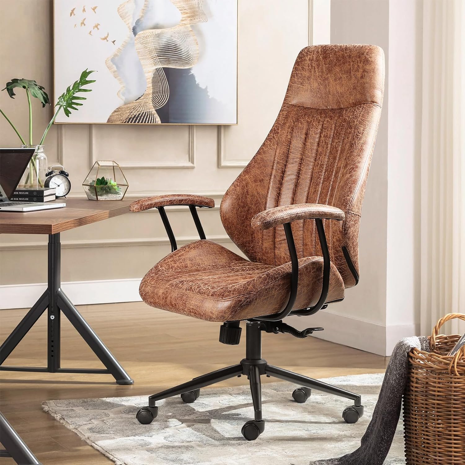 PUKAMI Leather Office Chair,Computer Chair,Computer Desk Chair,Morden Ergonomic Desk Chair,High Back Desk Chair,Height Adjustable Suede Fabric Executive Chair with Padded Armrest(Brown)