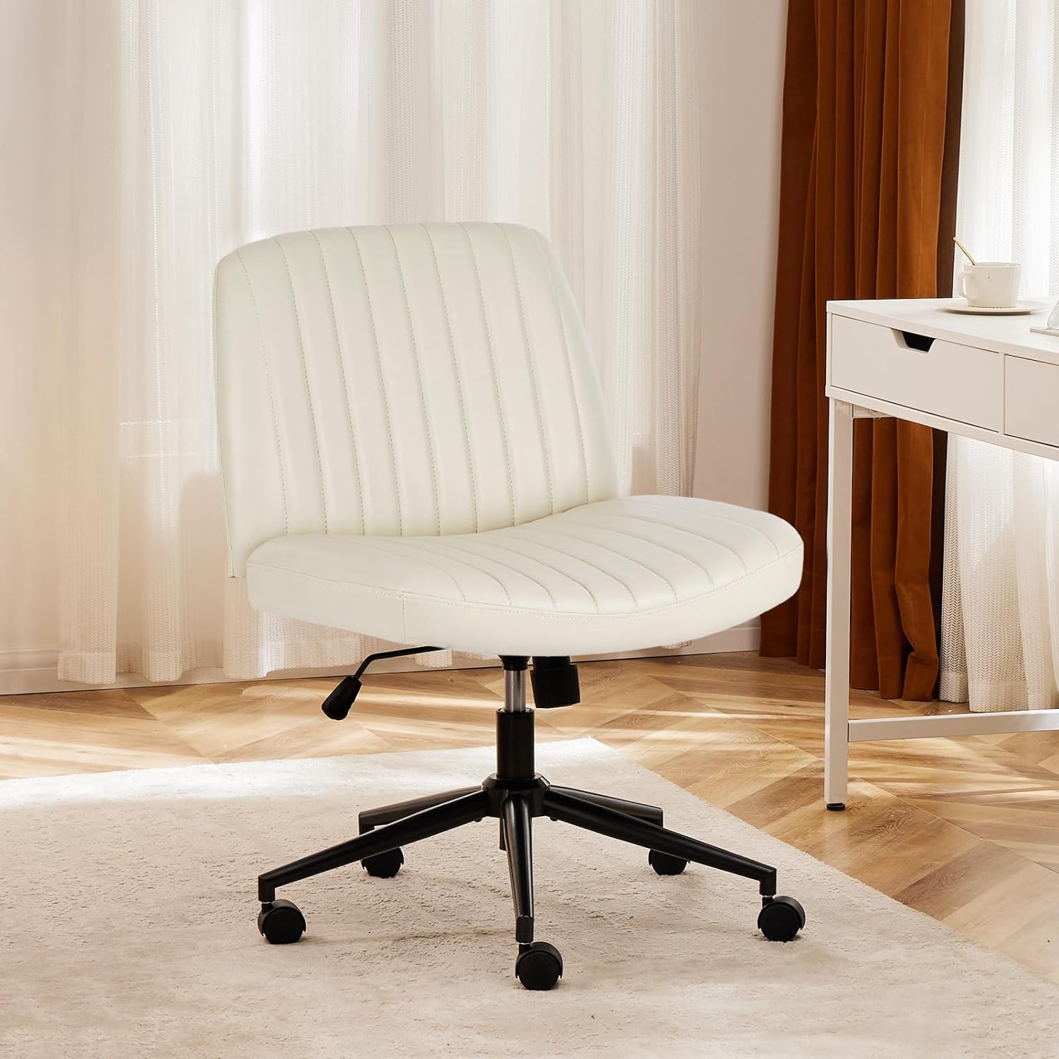 Sweetcrispy Criss Cross Chair with Wheels, Armless Cross Legged Office Desk Chair, Comfy PU Leather Swivel Vanity Chair, Height Adjustable Mid Back Wide Seat Task Chair for Home Office, White Beige