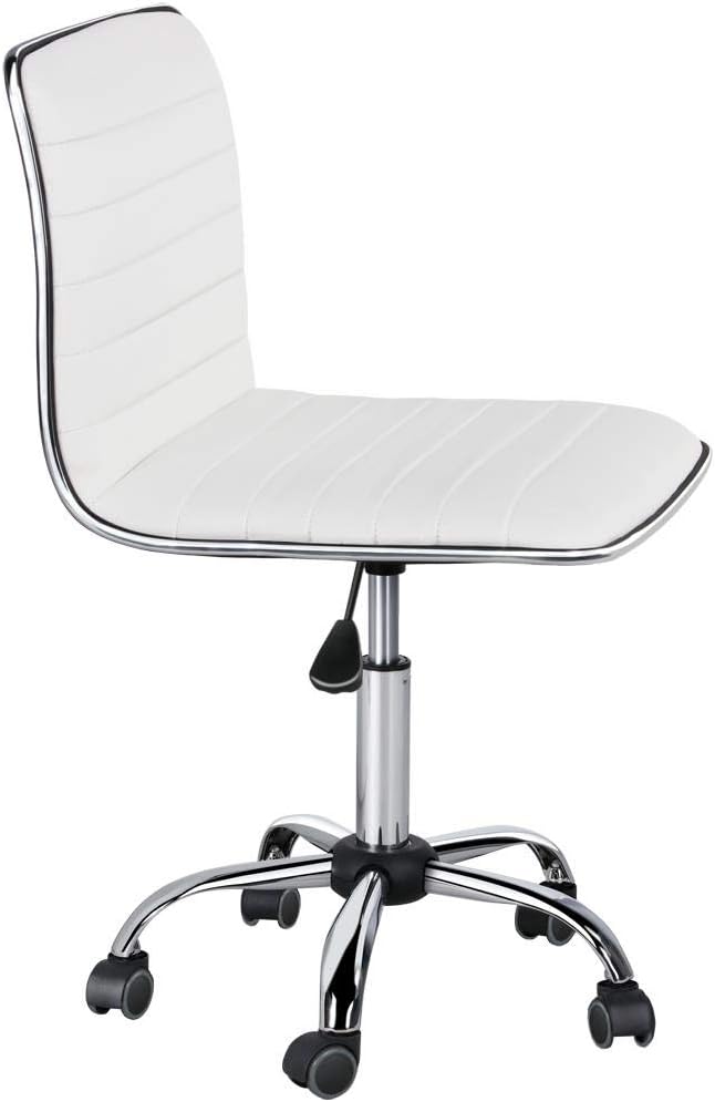 Topeakmart Office Task Chair Faux Leather Low Back Ribbed Armless Swivel Desk Chair Office Chair w/Wheels White