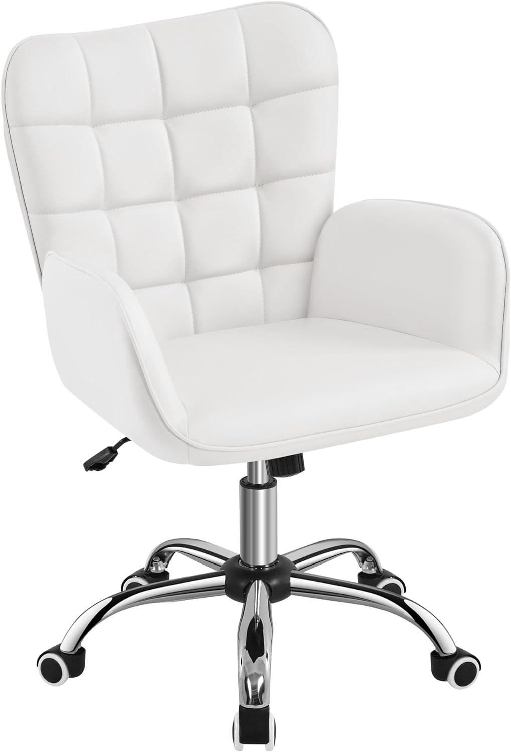 Yaheetech Faux Leather Office Chair Modern Vanity Chair Ergonomic Adjustable Makeup Chair with Padded Armrests Big Seat for Office, Bedroom, Living Room, White