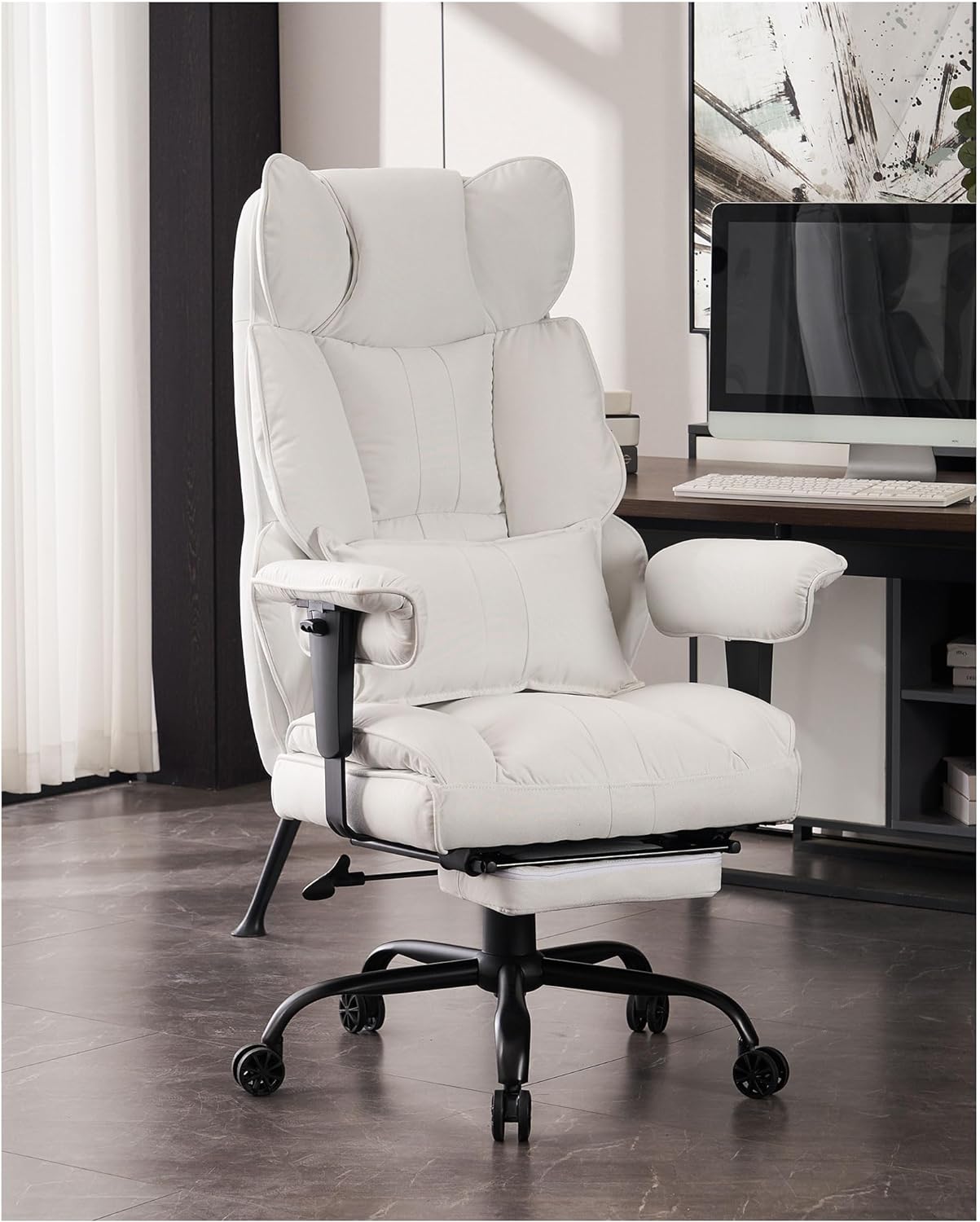 Fabric Office Chair, Big and Tall Office Chair 400 lb Weight Capacity, High Back Executive Office Chair with Foot Rest, Ergonomic Office Chair for Back Pain Relief, White