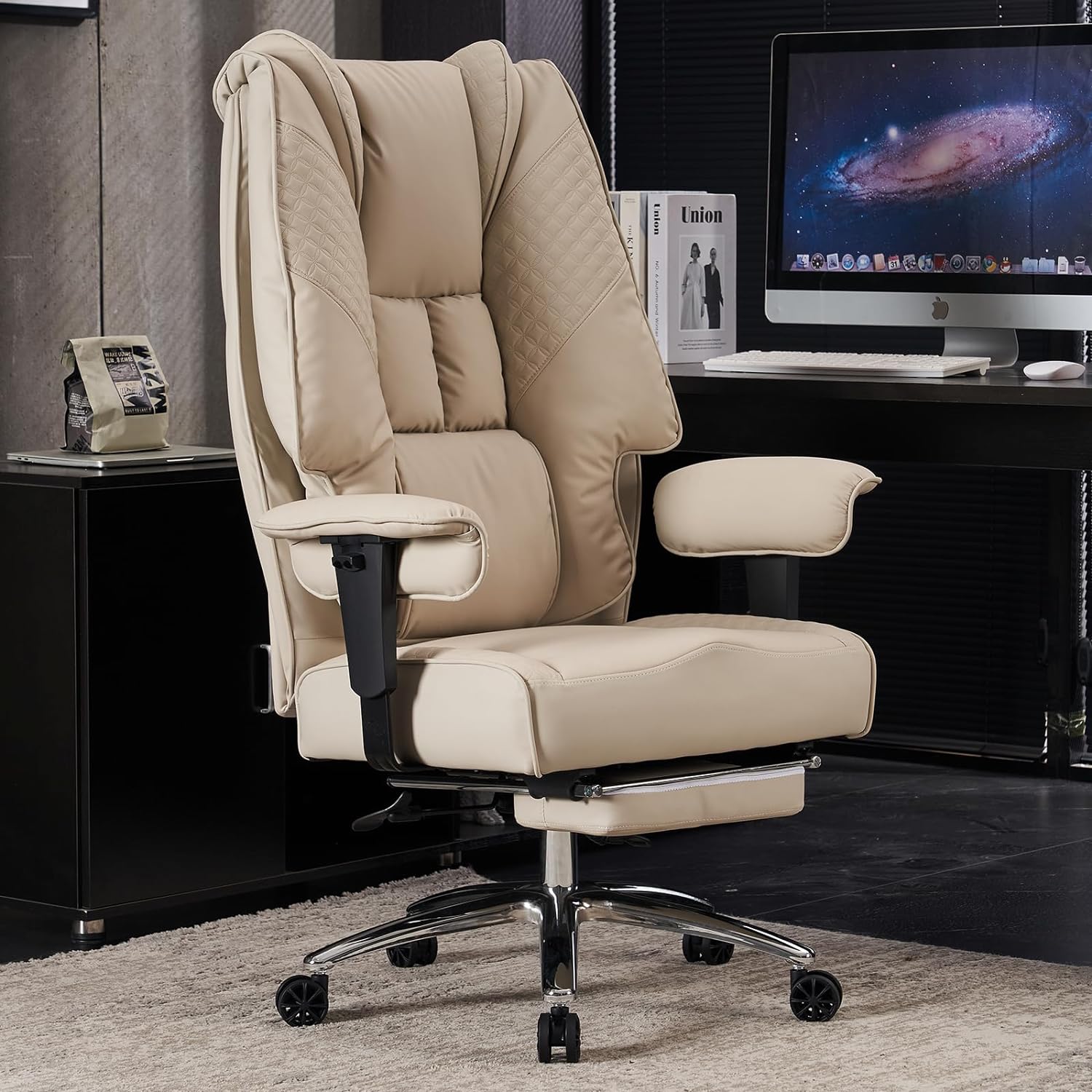 Big and Tall Office Chair 400lbs Wide Seat, Leather High Back Executive Office Chair with Foot Rest, Ergonomic Office Chair Lumbar Support for Lower Back Pain Relief (Beige)