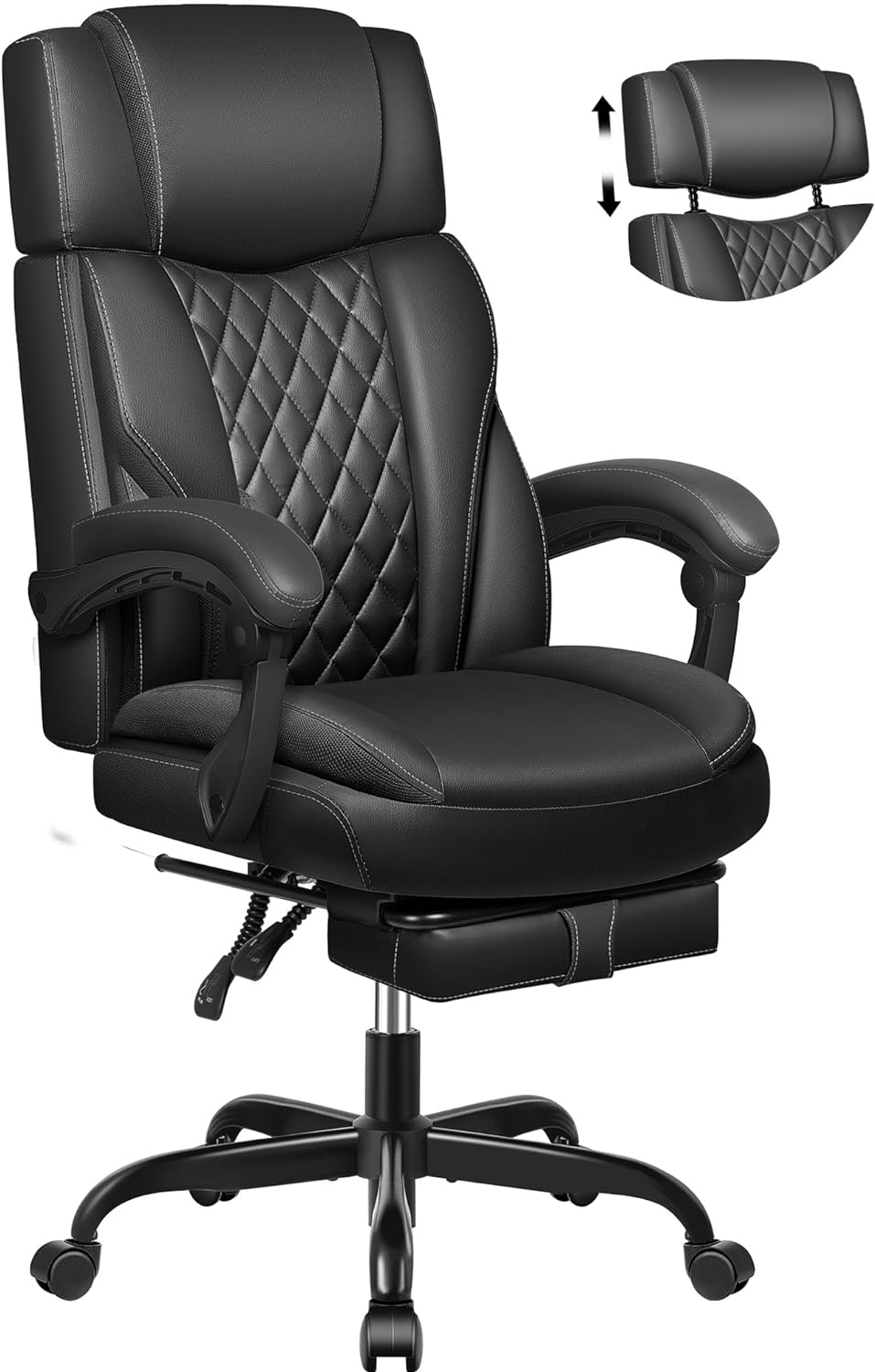 Executive Leather Office Chair, Big and Tall Office Chair with Footrest Home Office Desk Chairs, Ergonomic Computer Desk Chair with Lumbar Support, Reclining Office Chair with Adjustable Angle