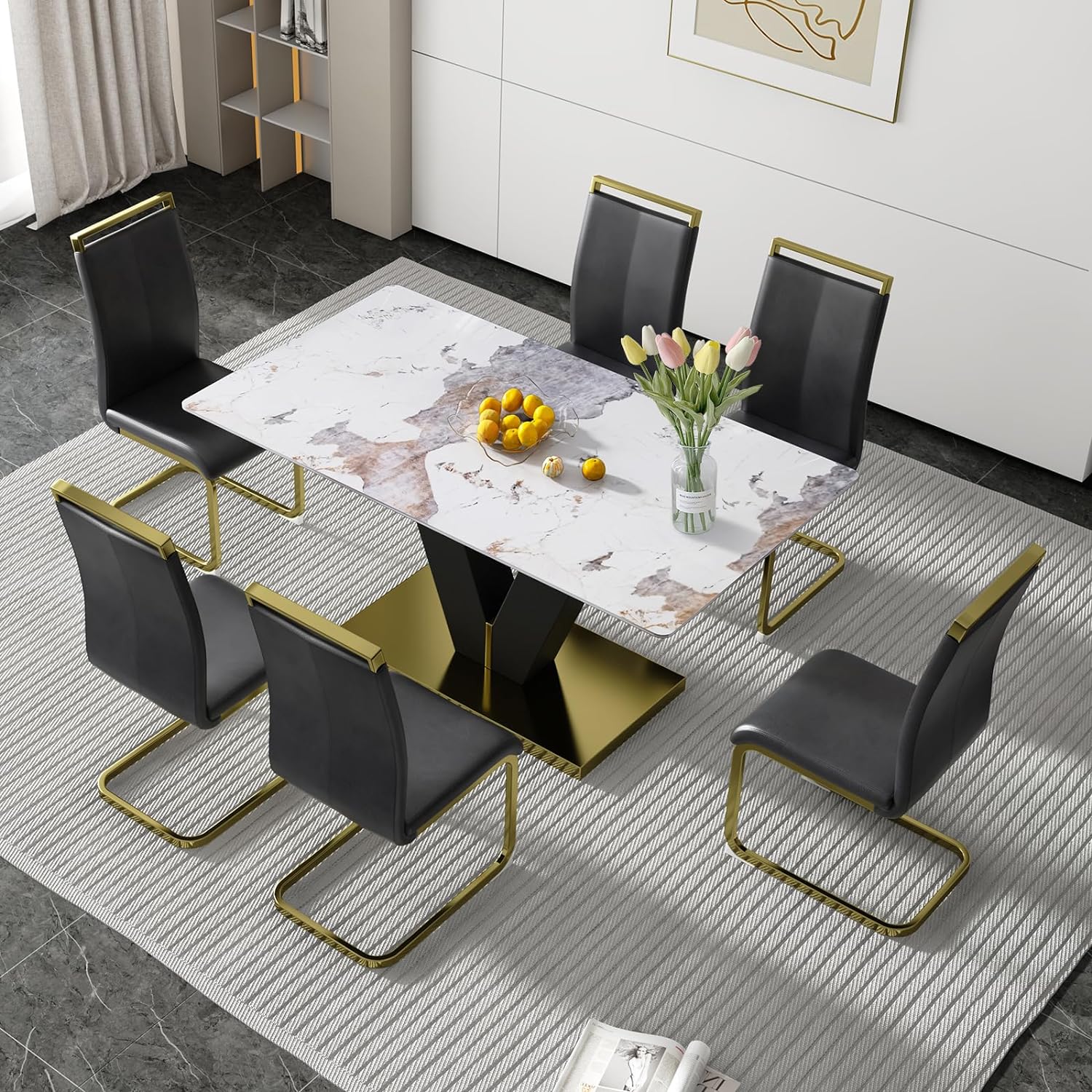 Dining Table Set for 6,Modern Marble Dining Table Set,71'' Rectangular Glass Dinner Table and 6 Black PU Chairs,Gold Dining Table and Chairs Set, Ideal for Dining Room Kitchen