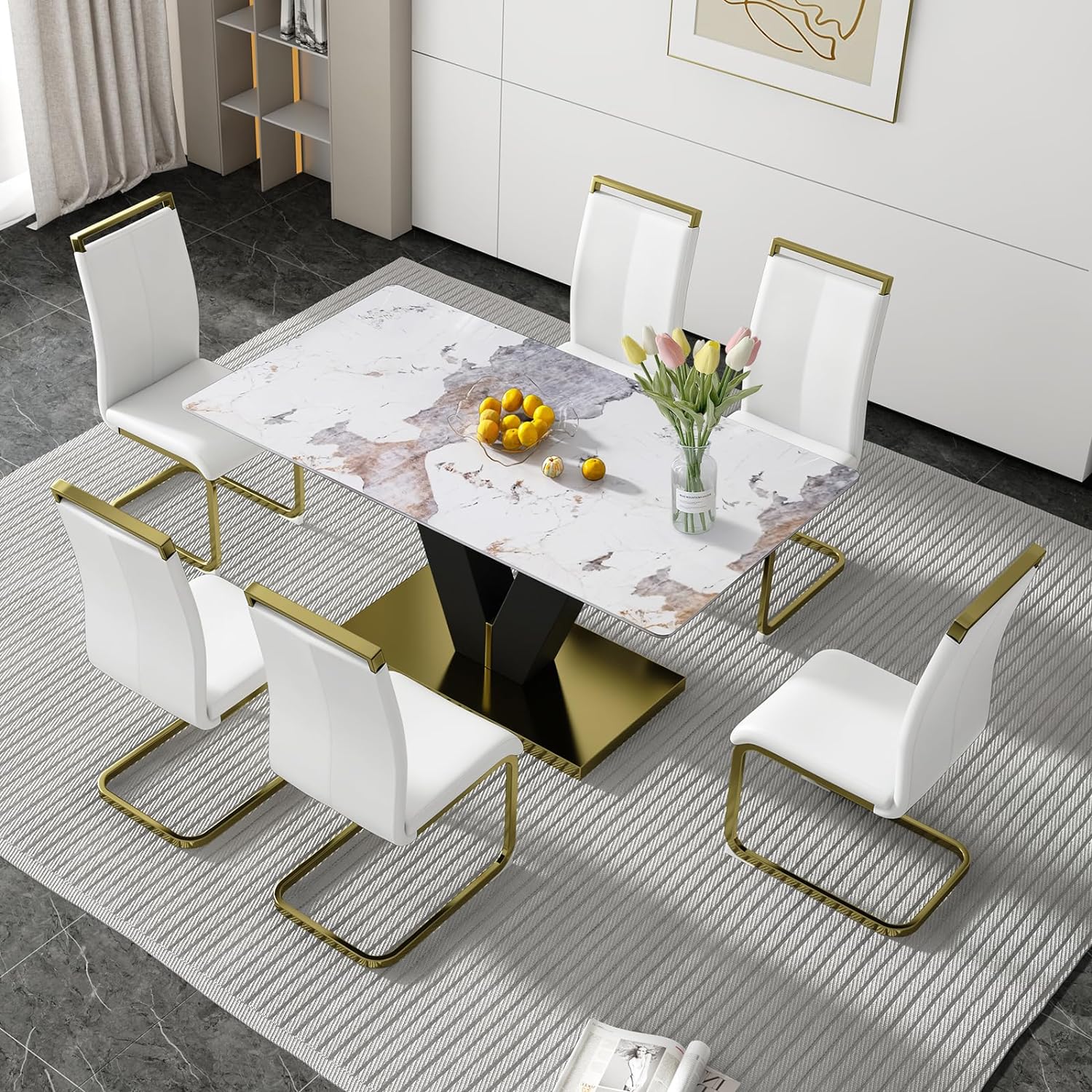 Dining Table Set for 6,Modern Marble Dining Table Set,71'' Rectangular Glass Dinner Table and 6 White PU Chairs,White Dining Table and Chairs Set, Ideal for Living Room Kitchen