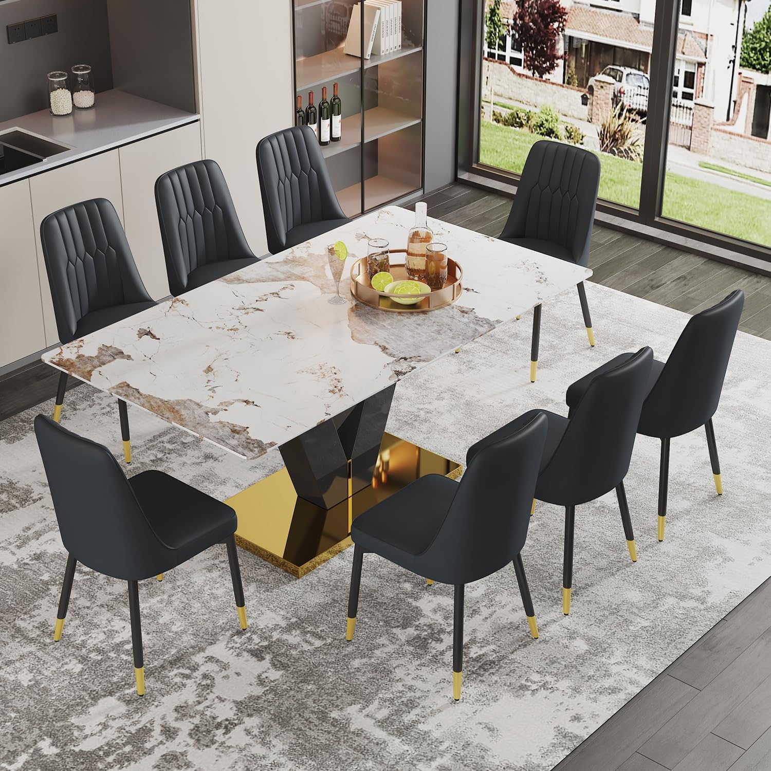 Glass Dining Table Set for 8,Modern Dining Table Set,71'' Large Glass Dinner Table with 8 PU Leather Chairs,Marble Texture Kitchen & Dining Room Sets,Black Dinner Table Ideal for Kitchen