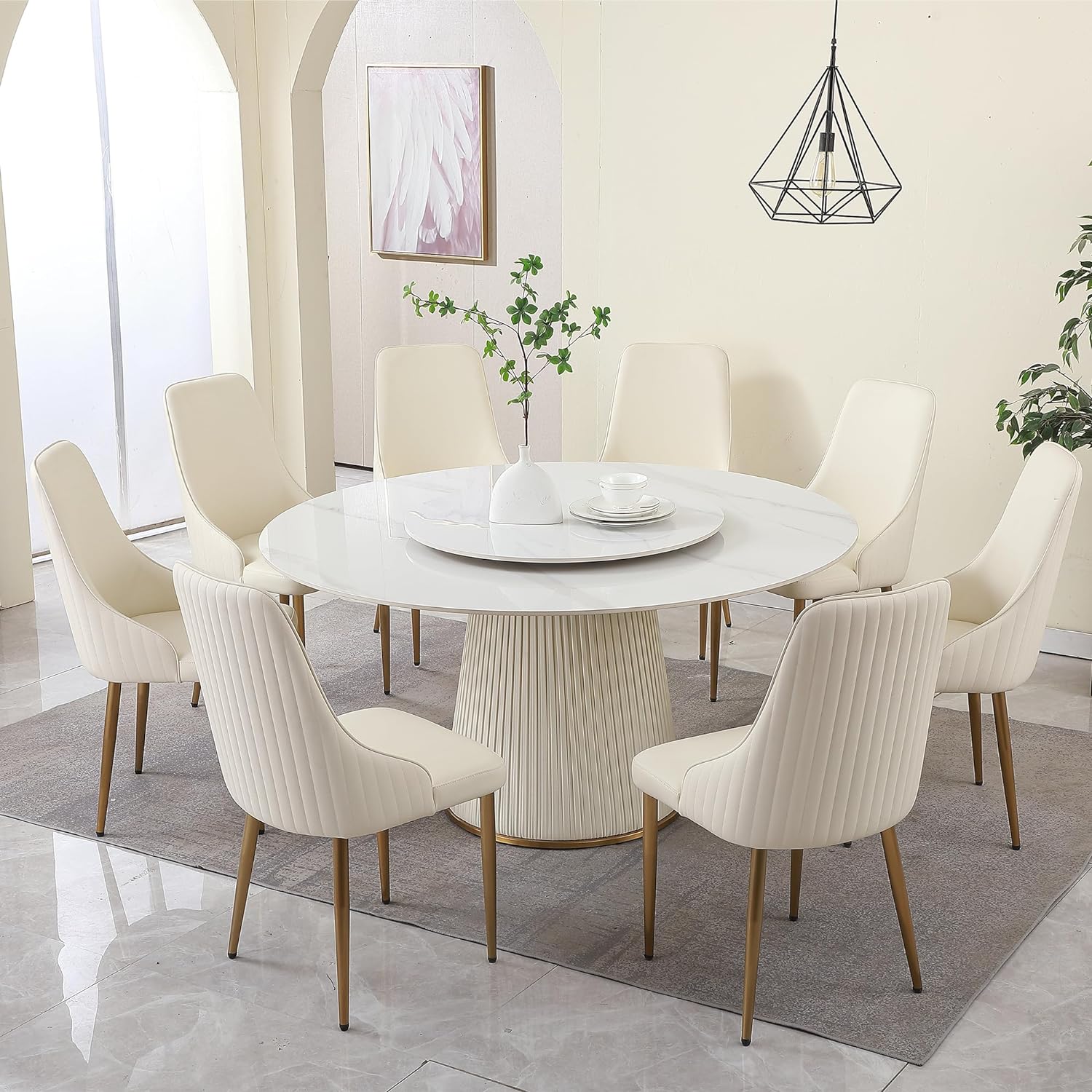 9-Pcs Round Dining Room Table Set, Luxury Lazy Susan Dining Table Set of 8, Modern Sintered Stone Dining Table with Soft Outer-Skin Base, 59 D Faux Marble Dining Table Set for Home Kitchen