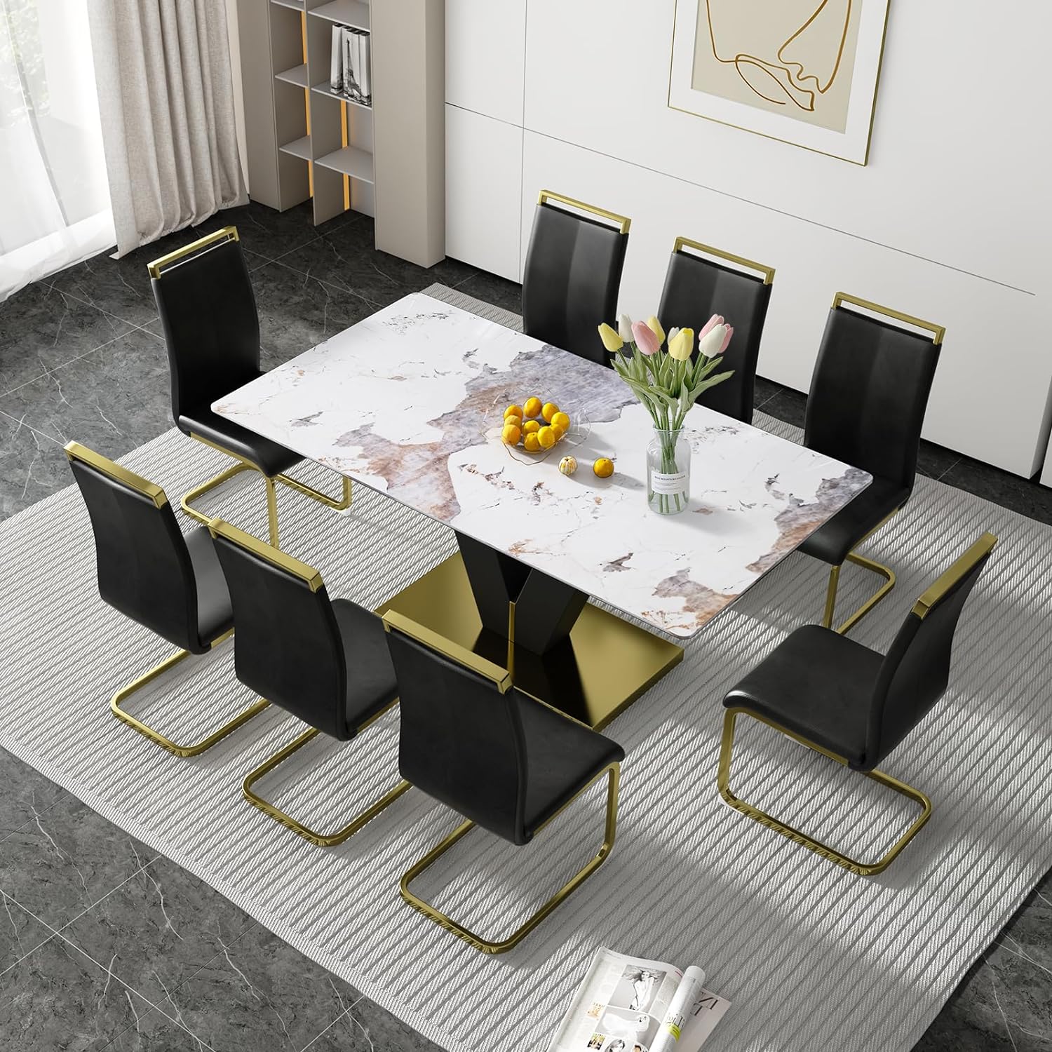 Marble Dining Table Set for 8,Modern Dining Room Table Set,71'' Large Glass Dinner Table and 8 Black PU Chairs,Faux Sintered Stone Dining Table Set Ideal for Living Room Kitchen