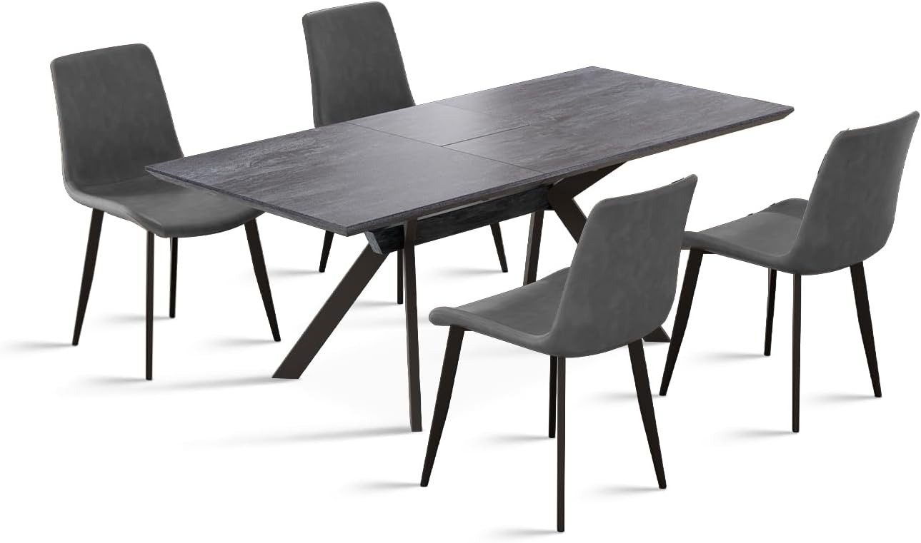 Extendable Dining Table Set for 6-8 Seat, Rectangular Solid Slate Stone Top with 4 Faux Leather Dining, Modern Kitchen Table with Extension Leaf, Extendable 55'' to 71'' for Kitchen Restaurant