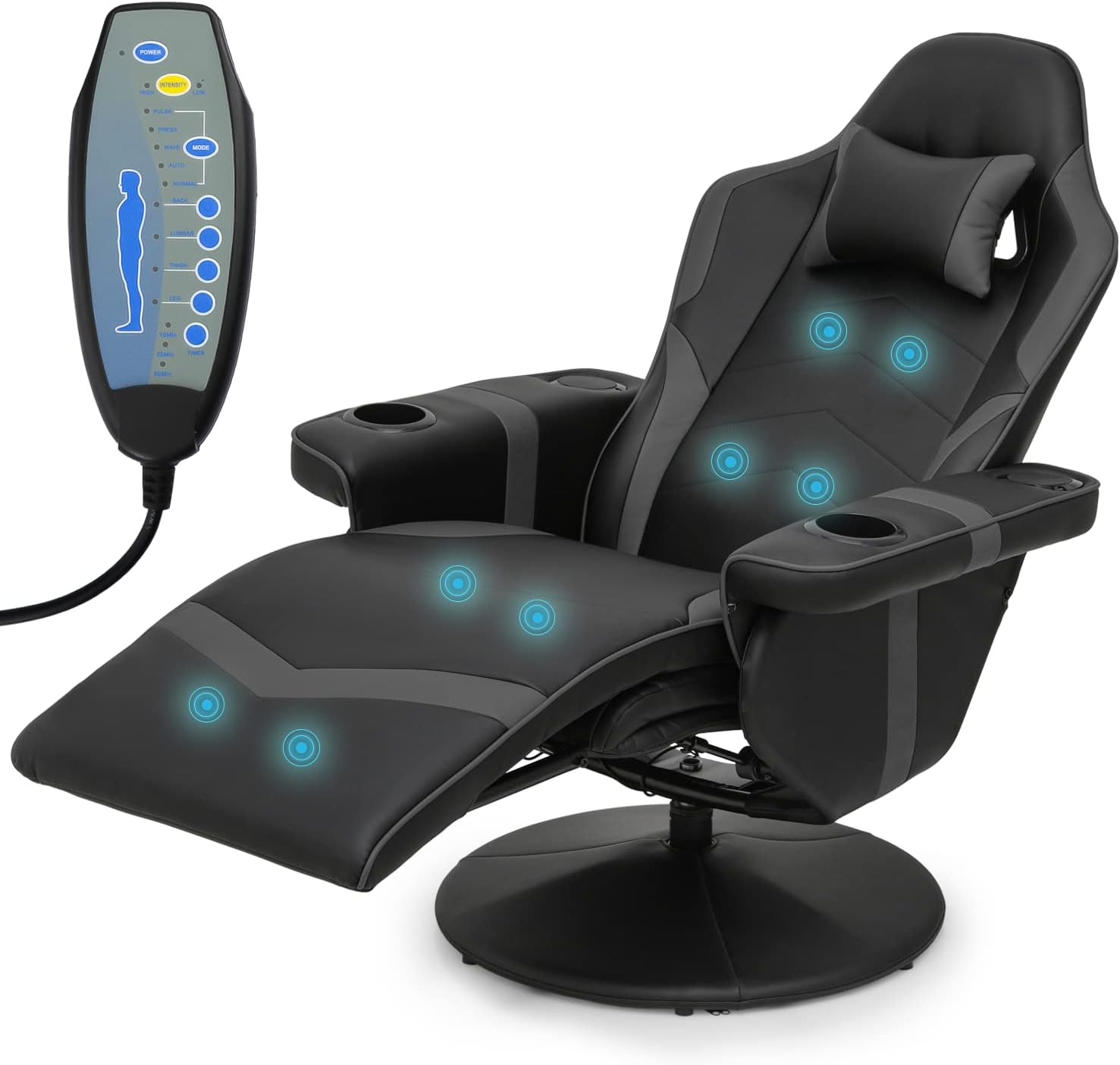 MoNiBloom Massage Video Gaming Recliner Chair Ergonomic High-Back PU Leather Gamer Chair with Neck Support and Footrest, Swivel Game Couch Single Sofa Theater Seating w/Speakers and Cupholders, Grey