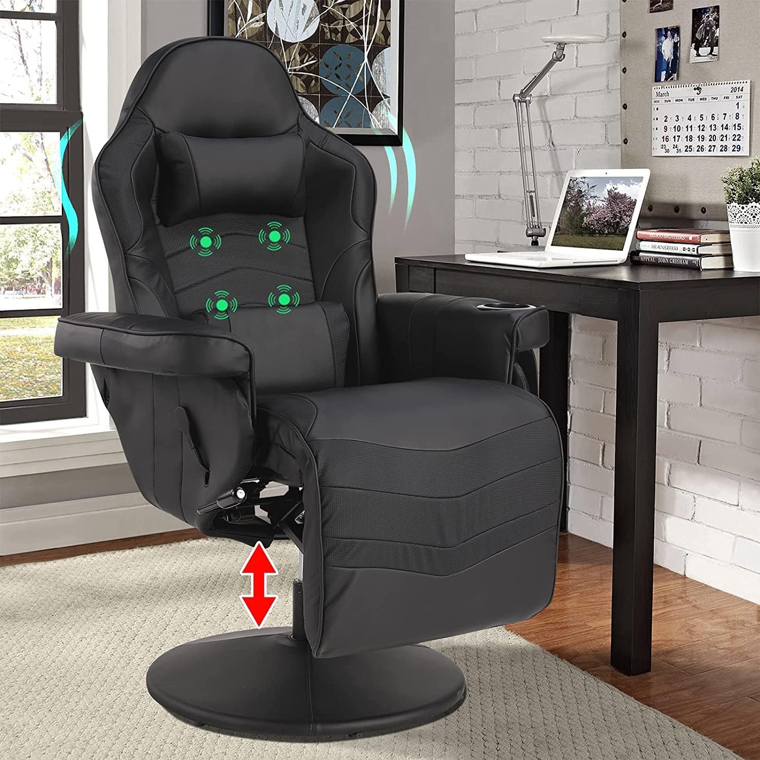 LVUYOYO Massage Video Gaming Recliner -Ergonomic Office Computer Desk Chair -High Back PU Leather - Adjustable Swivel Reclining Chair with Lumbar Support, Cupholder, Headrest