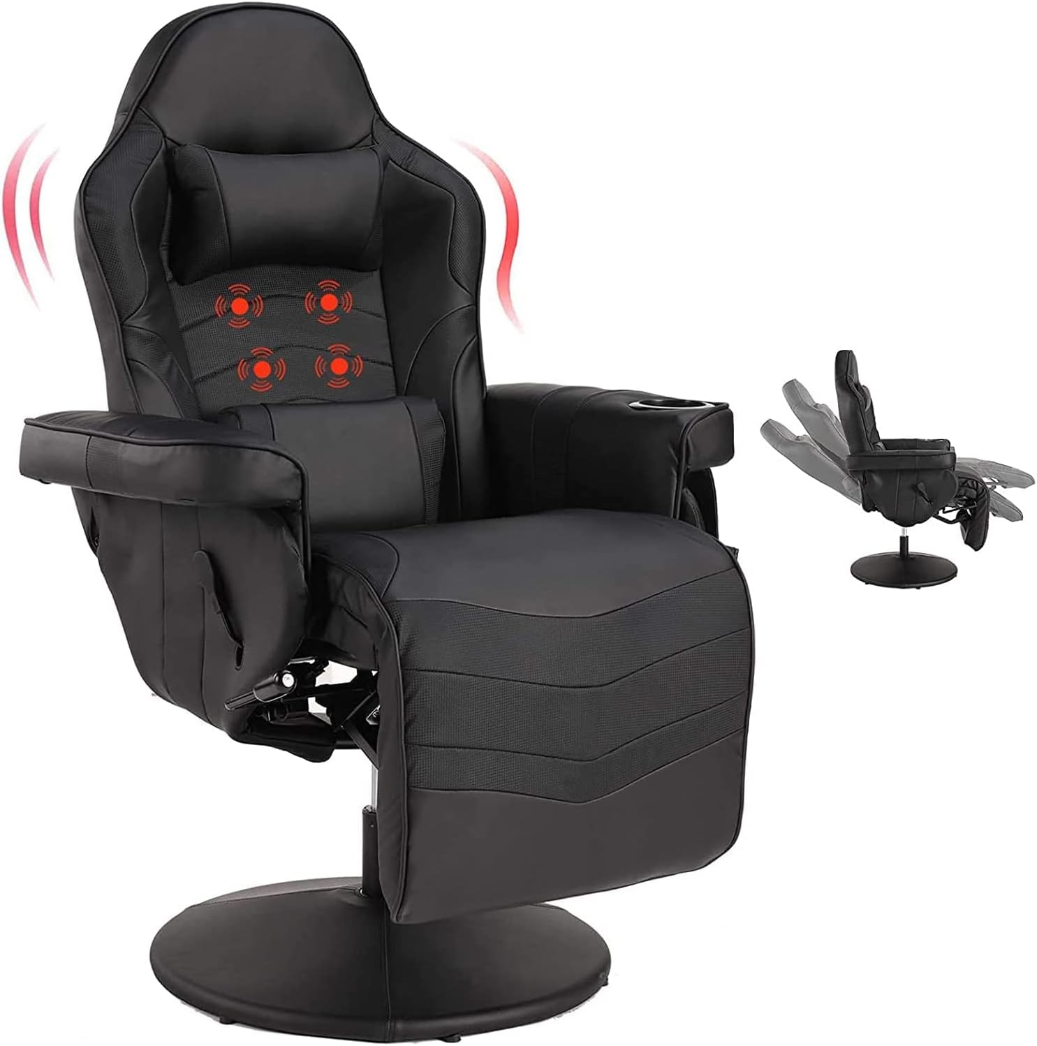 Massage Video Gaming Recliner Chair - Ergonomic Backrest & Seat Height Adjustment Swivel Recliner - PU Leather High Back Computer Office Chair with Cupholder, Headrest, Lumbar Support, Footrest