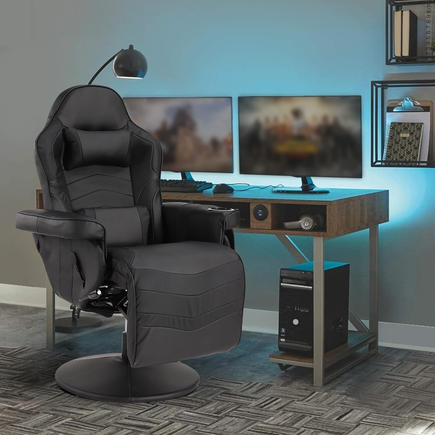 Gaming Chairs for Adults, Gaming Chair with Footrest, PU Leather Gaming Recliner Chair w/Adjustable Height, Swivel Game Chair with Lumbar Support, Cup Holder, Headrest, Side Pouch (Black)