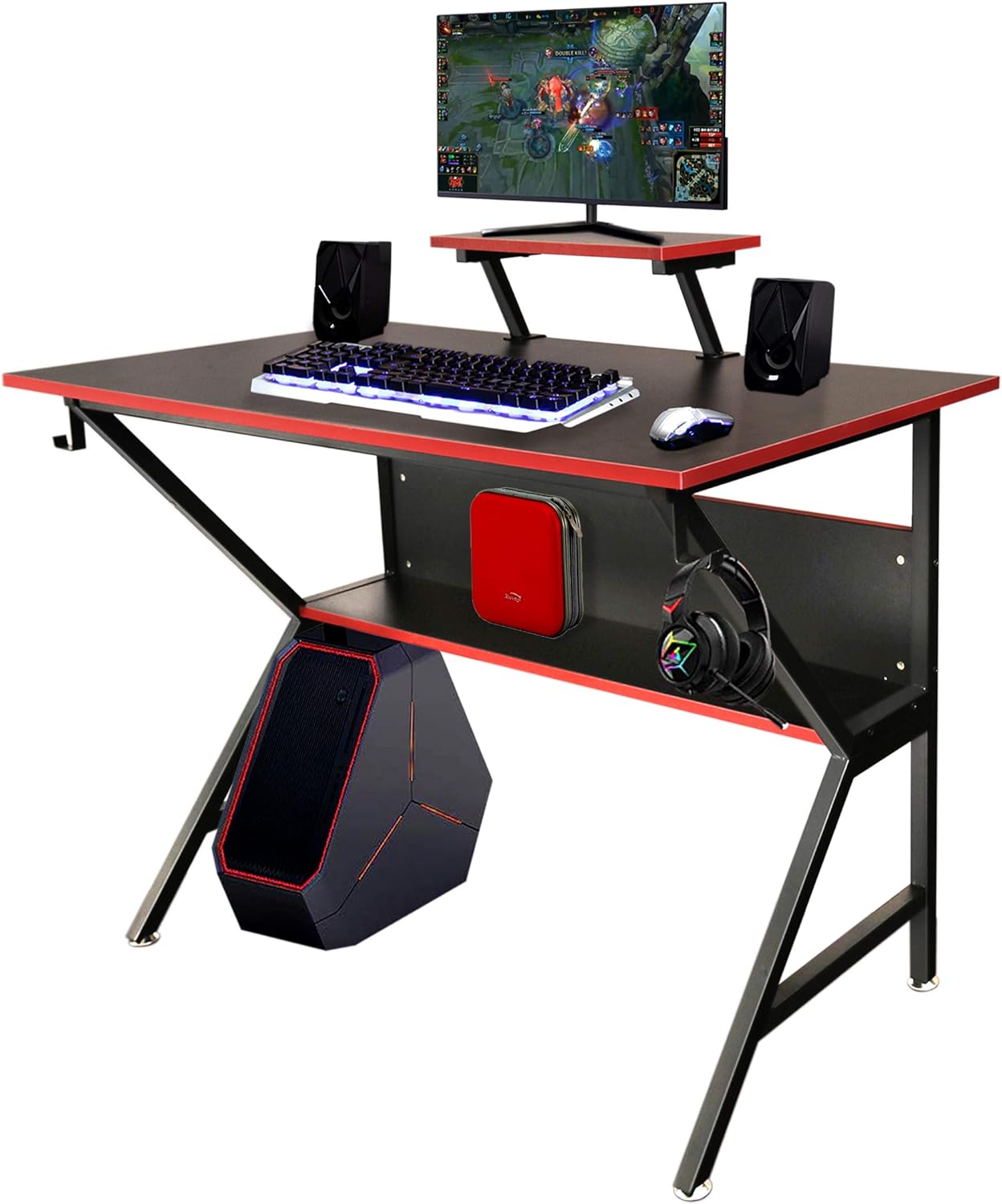 LAVIEVERT Ergonomic Gaming Desk Home Office PC Computer Desk K-Shaped Professional Gamer Table Workstation with Adjustable Monitor Stand & Storage Shelf - Black