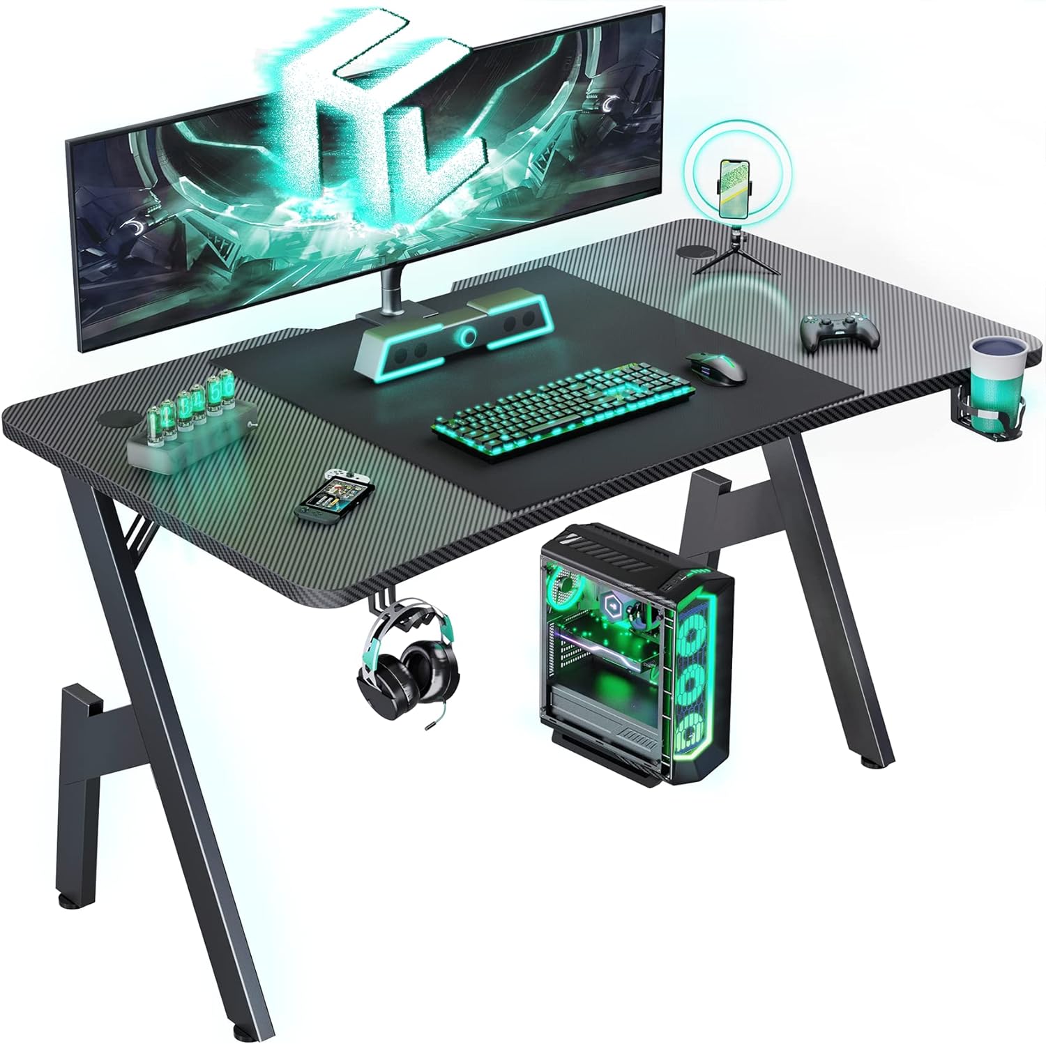 HLDIRECT 55 Inch Gaming Desk with Carbon Fibre Surface Large Computer Desk Gaming Table Ergonomic Pc Gaming Workstation Home Office Desks with Cup Holder & Headphone Hook