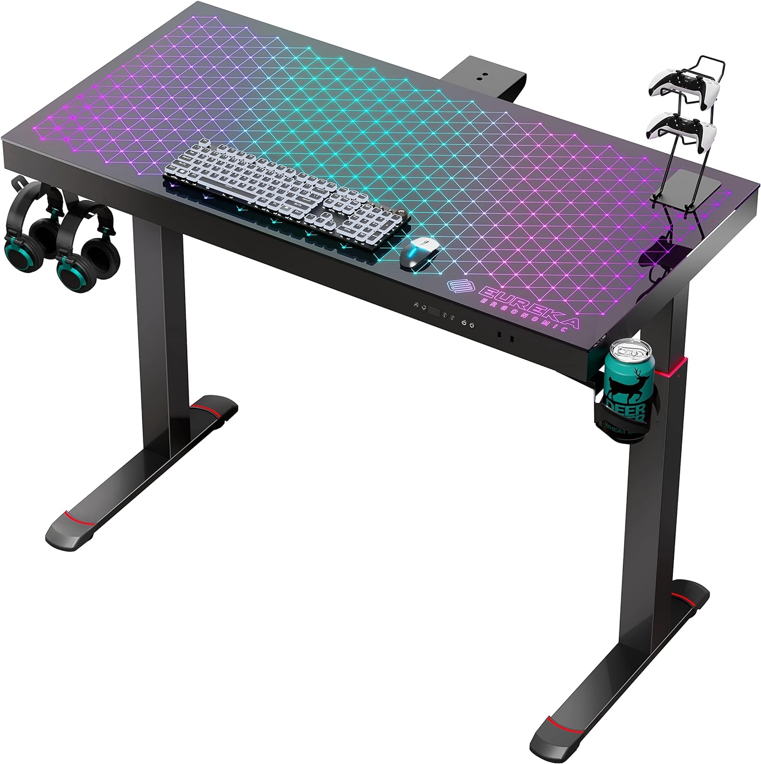 EUREKA ERGONOMIC RGB Glass Gaming Desk, Music Studio Desk, 47 Inch Adjustable Height Computer Desk Music Sensing LED Sit Stand Desk for Home Office Gamer w Dual Motors,USB Ports, APP Control