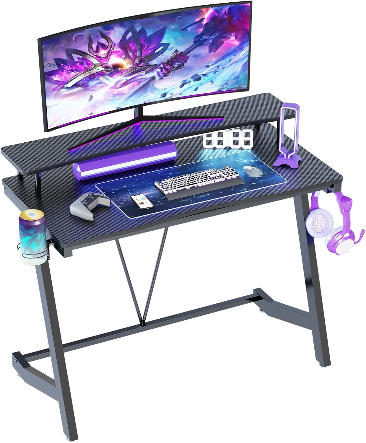 Gaming Desk,40In Computer Desk with Large Monitor Stand, PC Laptop Table for Small Spaces, Gamer Workstation with Cup Holder, Headphone Hook for Home Office