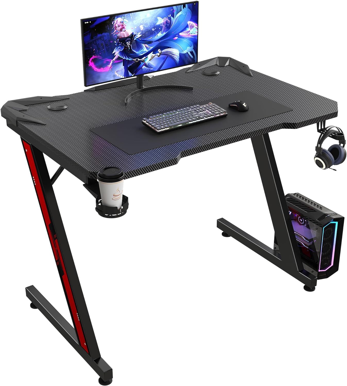 Homall Gaming Desk Computer Desk Gaming Table Z Shaped Pc Gaming Workstation Home Office Desk with Carbon Fiber Surface Cup Holder and Headphone Hook (Black, 32 Inch)