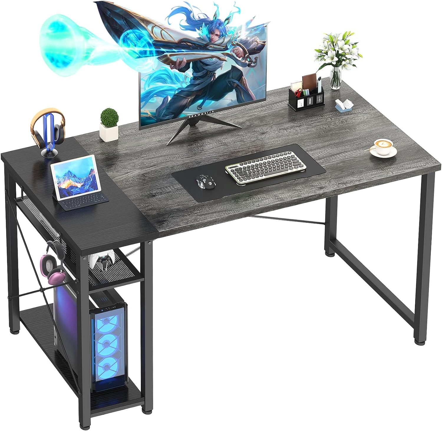 39.4'' Gaming Desk, 39 Inches Computer Desk with Storage, Small Desk for Small Space, Simple Study Student Writing Desk, Laptop Table for Home Office, Grey and Black