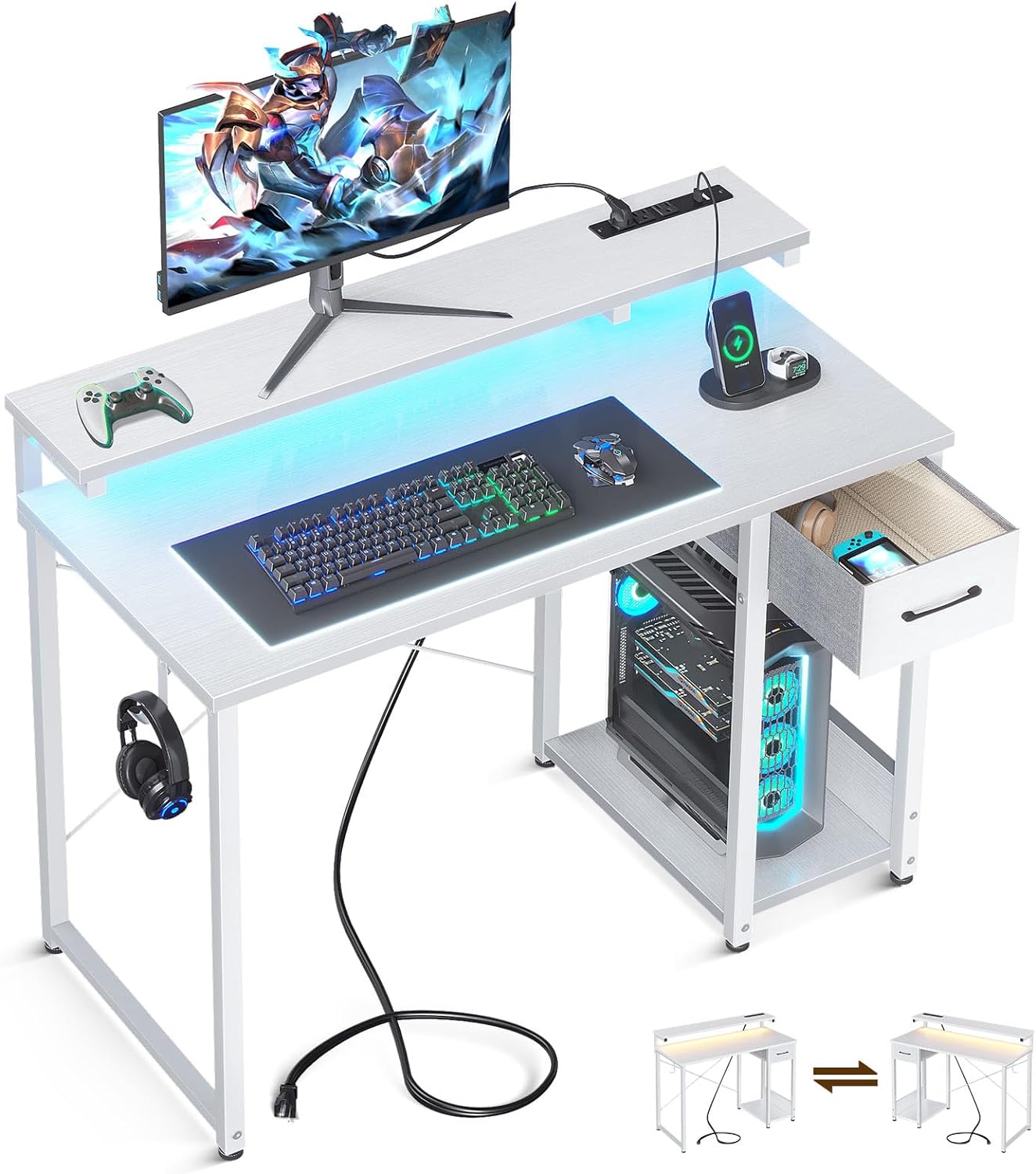 White Gaming Desk with LED Lights & Power Outlet, 40 Inch Small Computer Desk with Drawer, Reversible Desk with Adjustable Monitor Shelf & Headphone Hook for Home Office, White