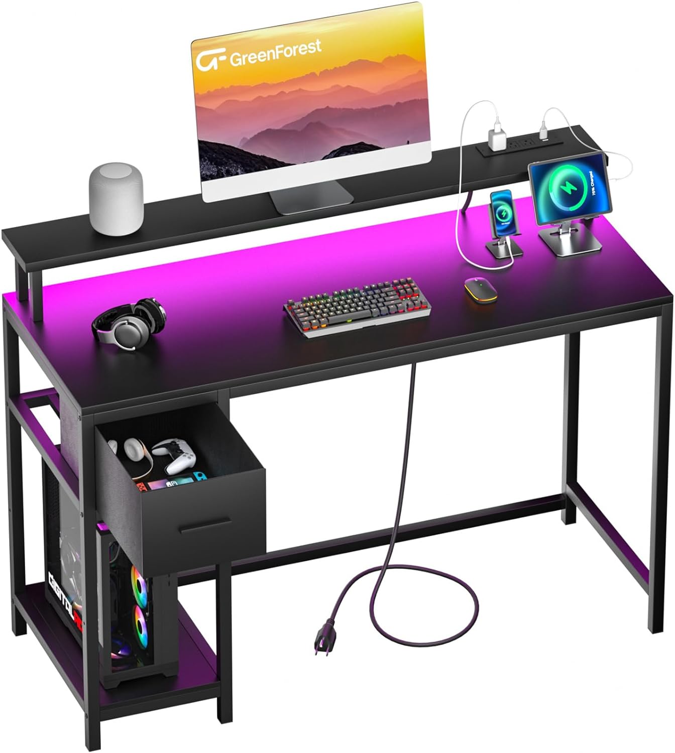 GreenForest Computer Desk with Drawers 39 inch, Gaming Desk with LED Lights & Power Outlets Small Desk with Monitor Stand and Reversible Shelf, Black