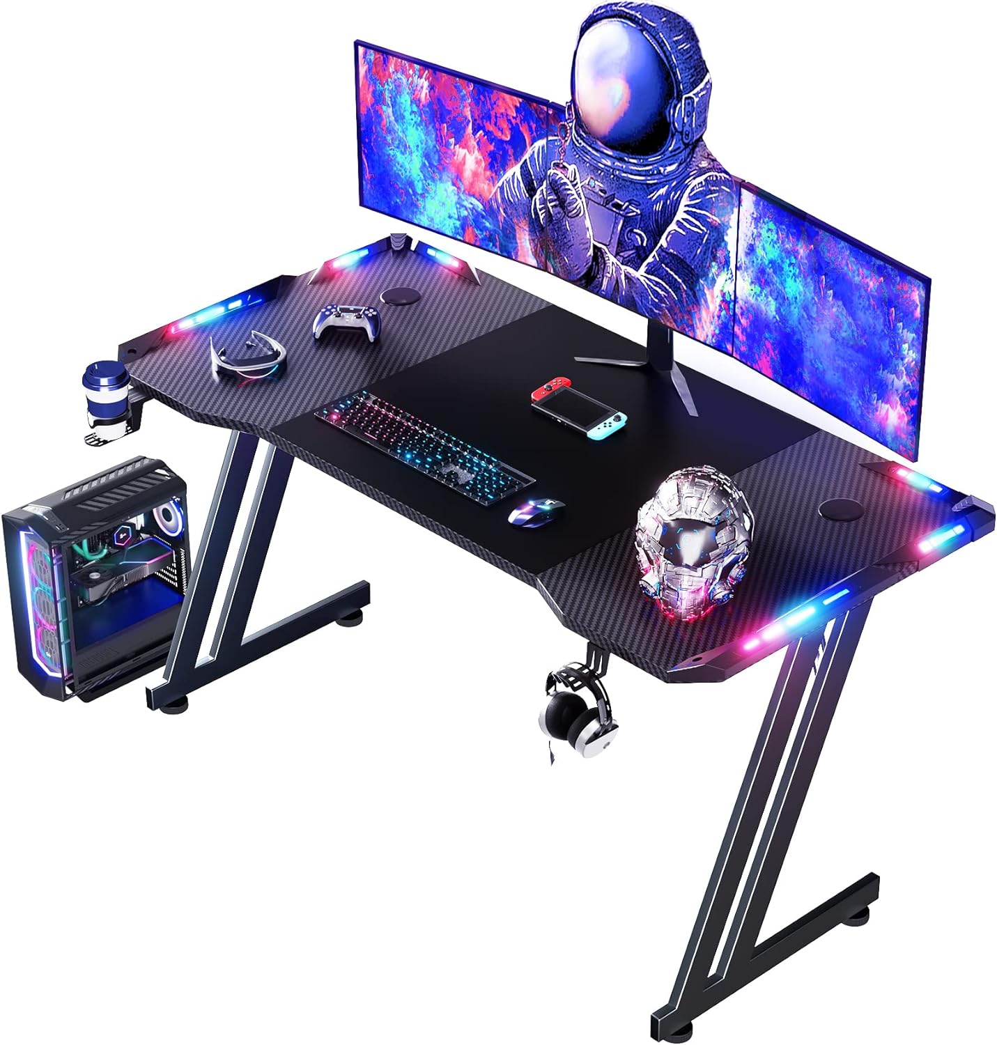 HLDIRECT LED Gaming Desk 55 Inch Ergonomic Gamer Workstation Gamer Carbon Fibre Surface Large Compuster Desk with Cup Holder & Hedphone Hook Black