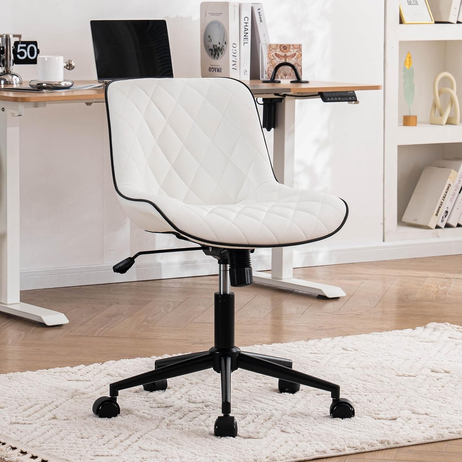 YOUNUOKE Office Chair Desk Chair with Wheels, Thick Upholstery Armless Computer Chair, Small Cute Home Office Desk Chair, Faux Leather Swivel Side Chair Task Chairs, Loads Up to 300LBS, White