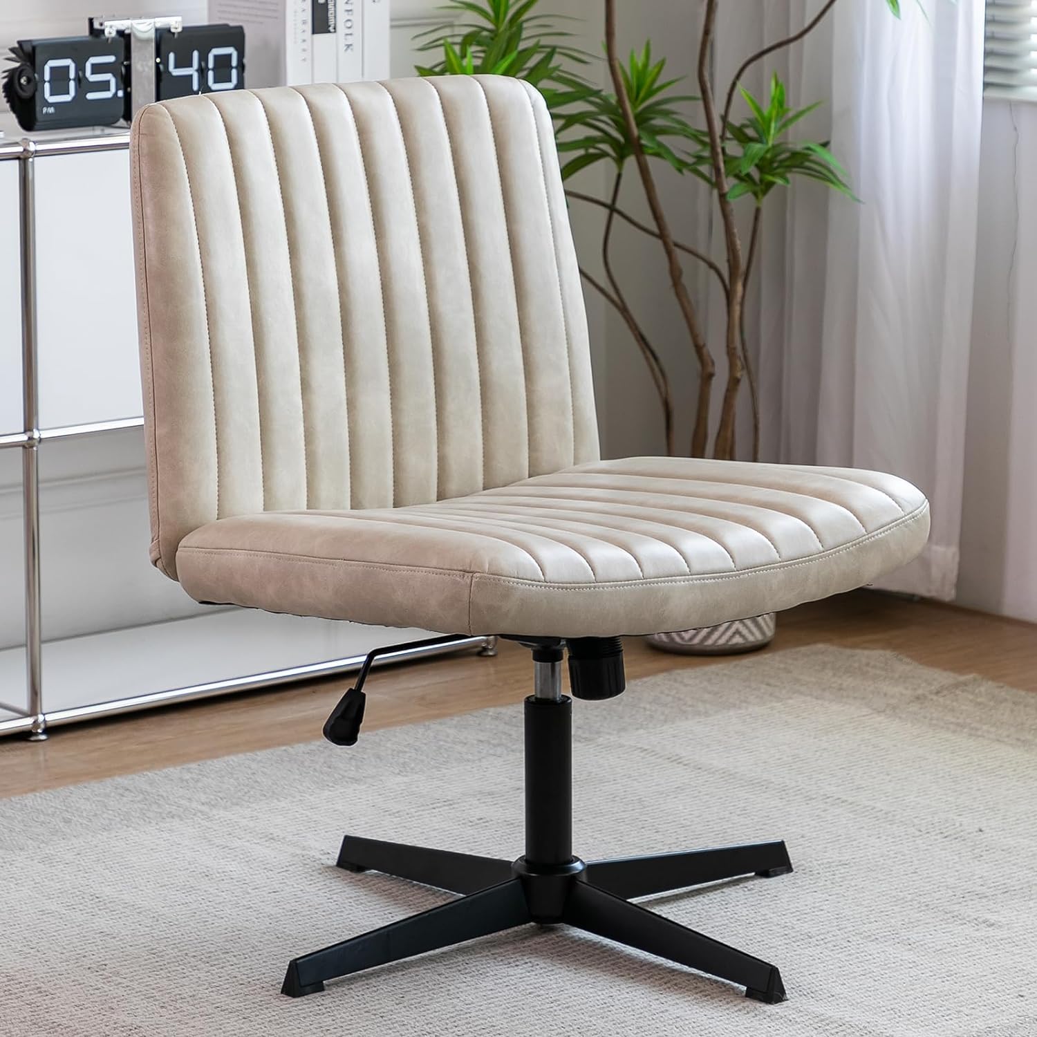 Cross Legged Office ChairModern Armless Swivel Mid Back Height Adjustable Office Desk Chair Vanity Chair Height for Office, Home, Make Up,Small Space, Bed Room