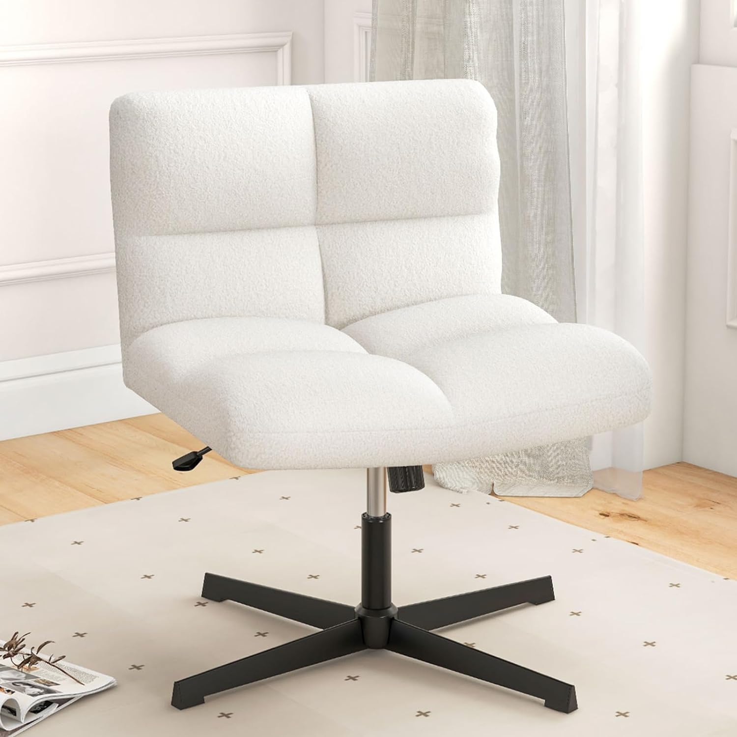 Giantex Cross Legged Office Chair, Faux Fur Armless Desk Chair with Wide Seat, Height Adjustable Computer Swivel Task Chair No Wheels, Modern Boucle Vanity Chair for Home Makeup Room (White)