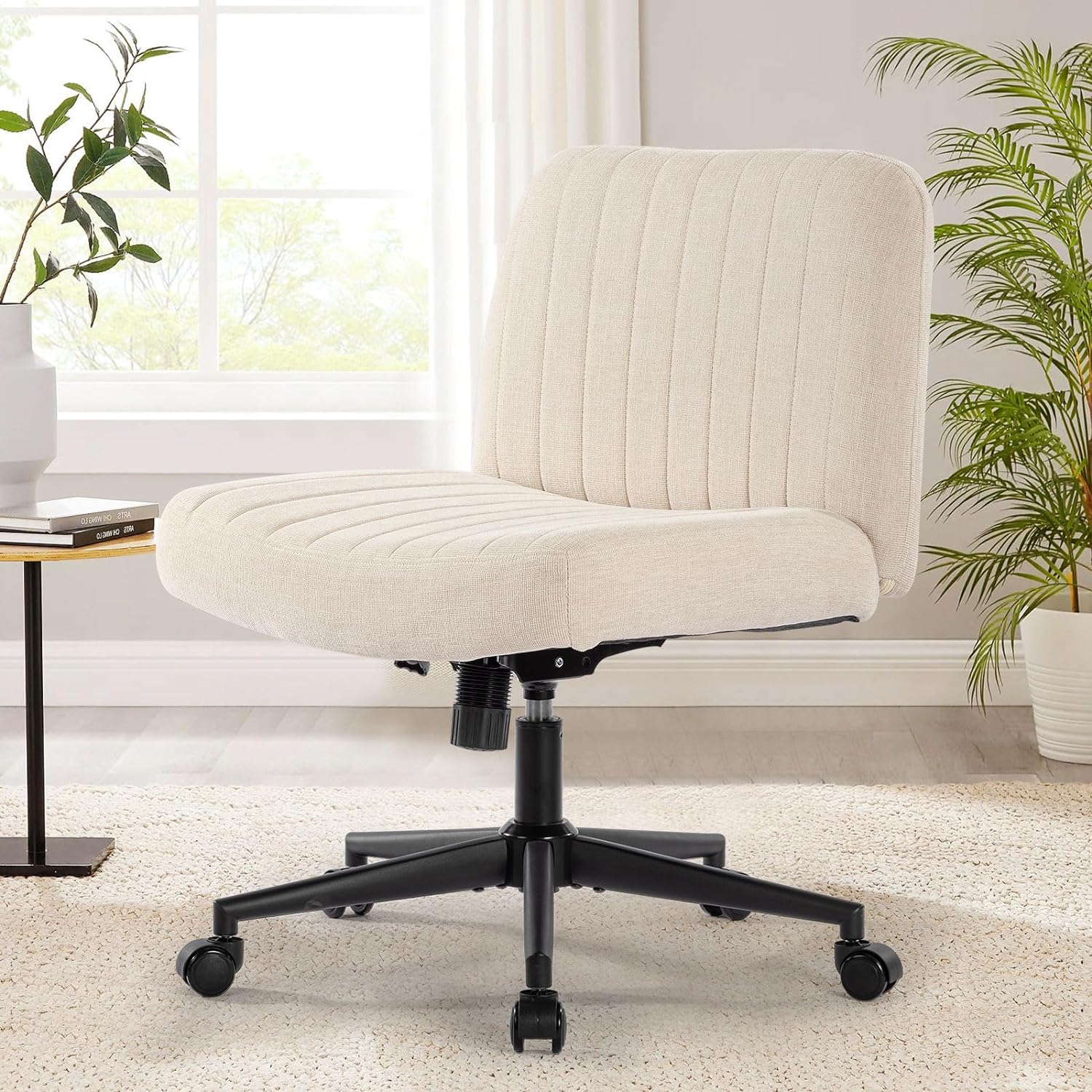 Office Chair Armless Desk Chair with Wheels, Fabric Padded Wide Seat Home Office Chairs, 120 Rocking Mid Back Cute Computer Chair for Bedroom, Vanity, Makeup