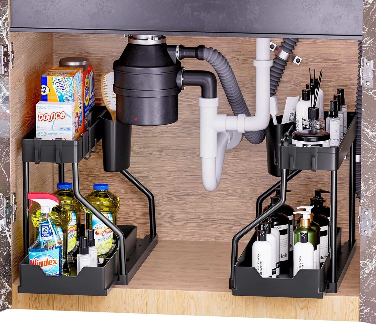 Puricon 2 Pack Under Sink Organizer, 2-Tier L-Shape Sliding Under Sink Organizers and Storage, Under Counter Storage Organizer Pull Out Under Sink Storage for Kitchen Bathroom -Black