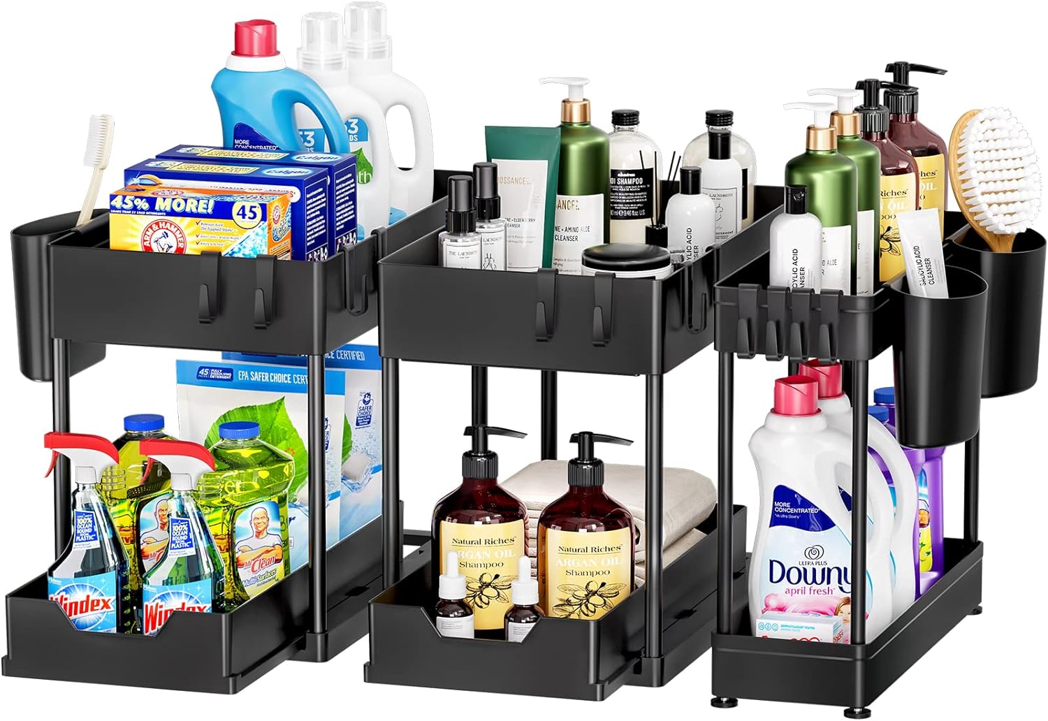 Puricon 3 Pack Under Sink Organizer Pull Out Under Sink Storage, 2 Tier Multi-Purpose Sliding Under the Sink Organizer Bathroom Kitchen Sink Organizer Under Cabinet Shelf for Cleaning Supplies -Black