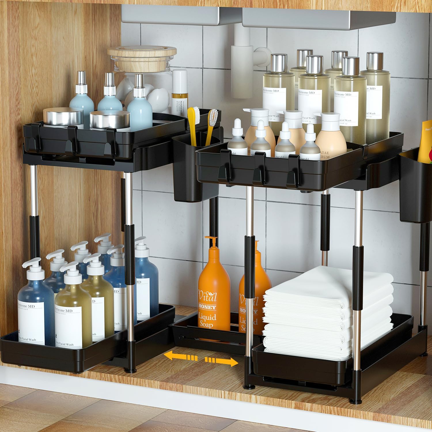 Double Sliding Under Sink Organizers and Storage - Adjustable 2 Tier Pull Out Under Cabinet Organizer, Under Sink Storage for Bathroom and Kitchen, Multi-Purpose Under Sink Organization and Storage