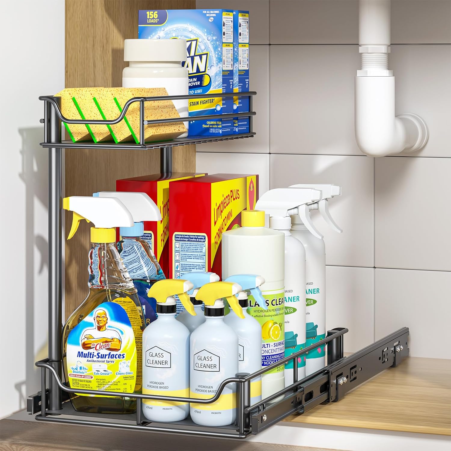 Larger Under Kitchen Sink Organizers and Storage, Metal Under Sink Organizer Bathroom Cabinet, Undersink Organizers Kitchen, Under Sink Storage and Organization, 13.4W x 16.9D x 15.7H inches