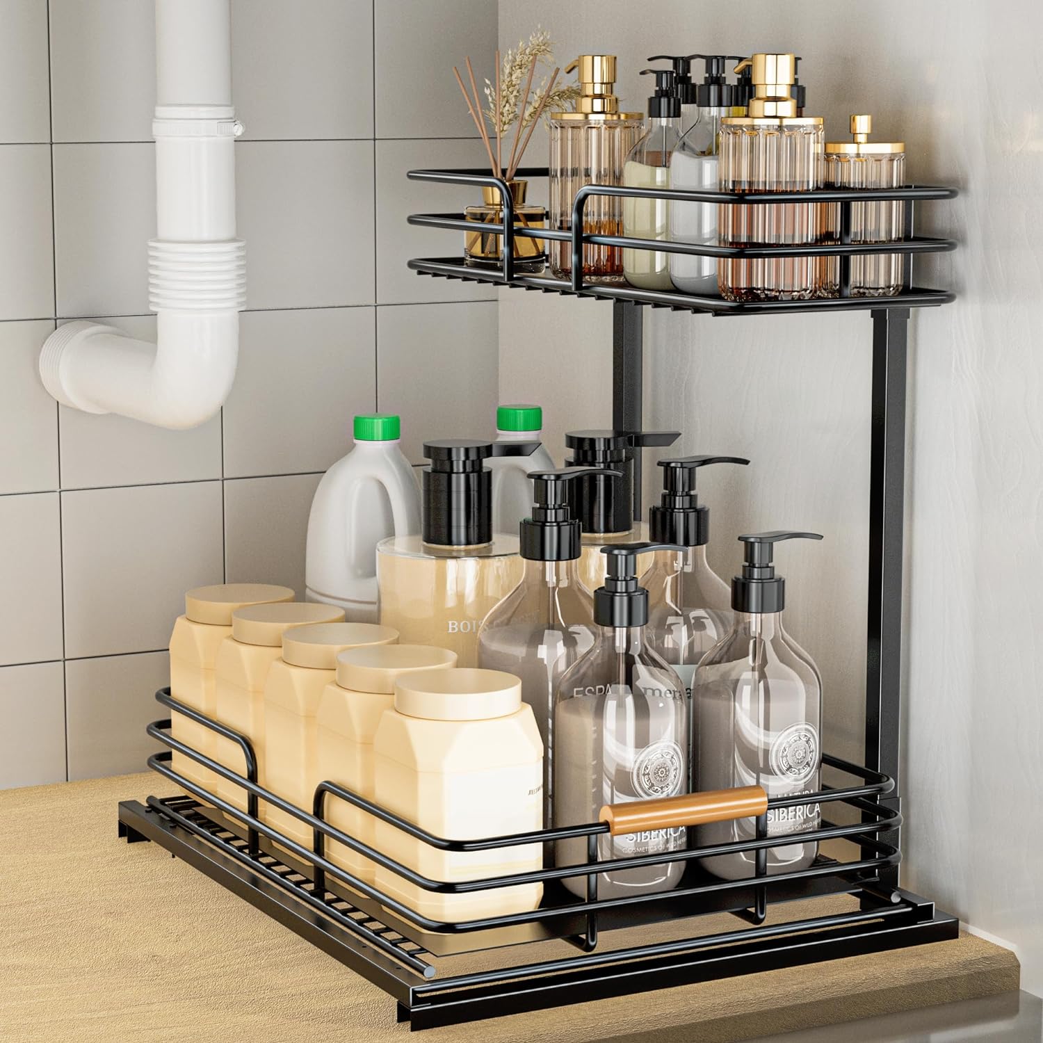 Under Sink Organizers and Storage, 2-Tier Bathroom Kitchen Cabinet Organizers and Storage,Pull Out Under Sink Storage for Bathroom Kitchen,Kitchen Shelf Organizer Under Counter Storage Organizer