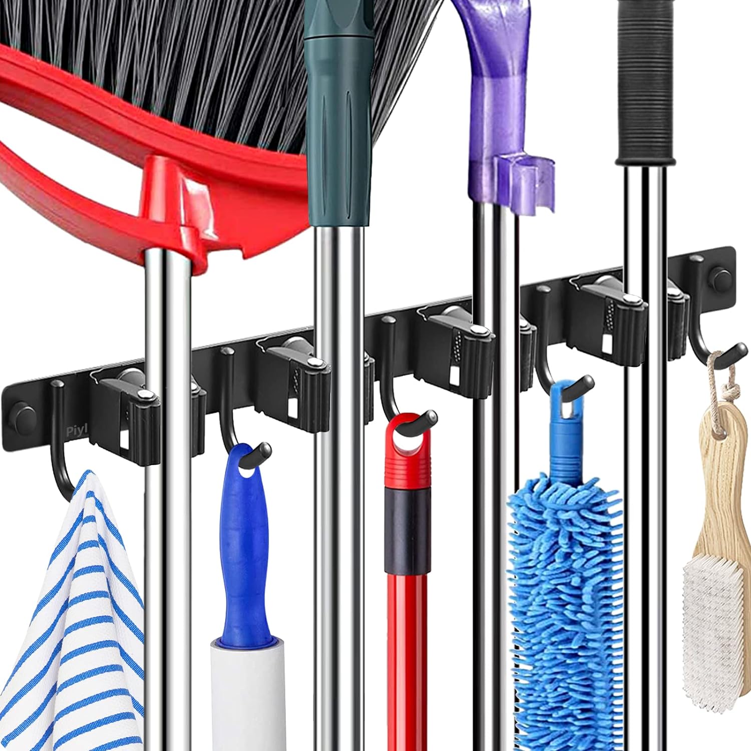 Piyl Broom Mop Holder Wall Mount Broom Hanger Wall Mounted Metal Organization Garage Storage Garden Kitchen Tool Organizer With 4 Racks and 5 Hooks