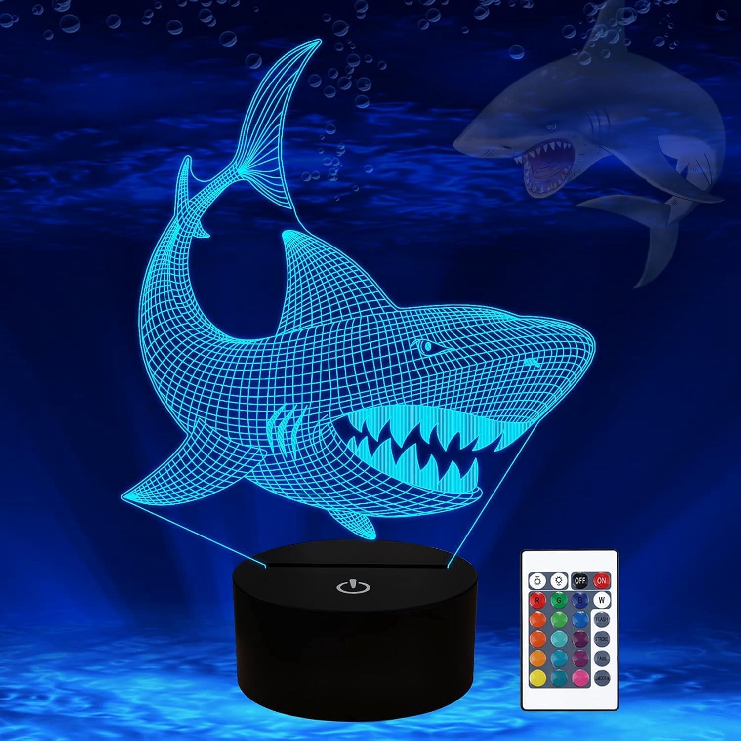 Shark Gifts, Shark Fan 3D Night Light 16 Colors Changing Night Lamp for Kids with Remote Control, 3D Illusion Lamp Birthday Gifts from Age 2 3 4 5 6  Years for Boys Girls Men Women