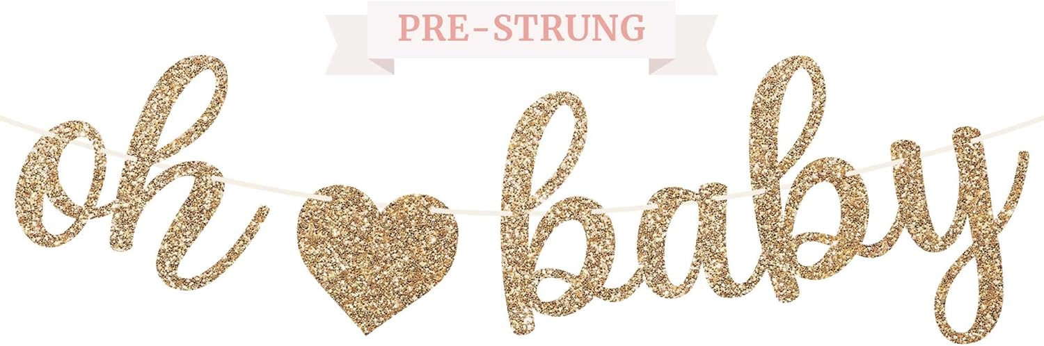 Pre-Strung Oh Baby Banner - NO DIY - Gold Glitter Baby Shower Gender Reveal Party Banner in Script - Pre-Strung Garland on 6 ft Strand - Gold Gender Neutral Party Decorations & Decor. Did we mention