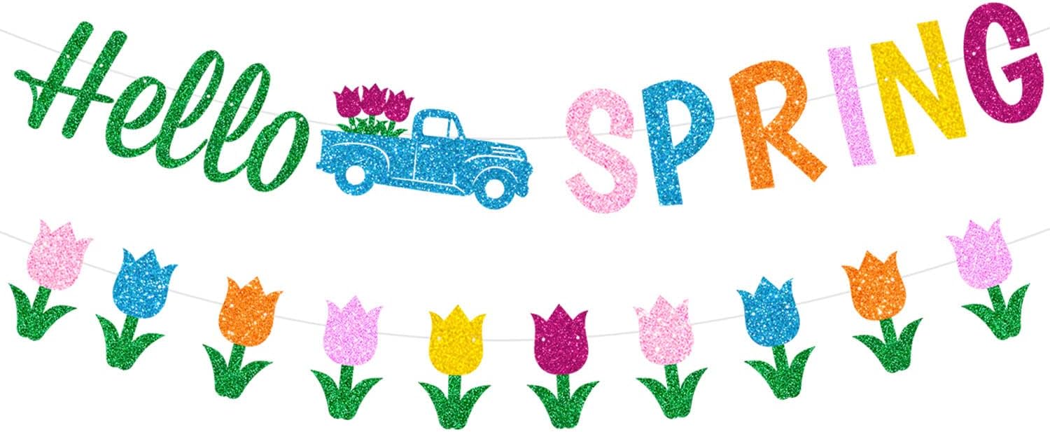 Glitter Hello Spring Banner with Tulip Truck Signs and Colorful Glittery Tulips Banner Hello Spring Tulips Flowers Garland Banner Spring Easter Birthday Party Fireplace Mantle Decorations