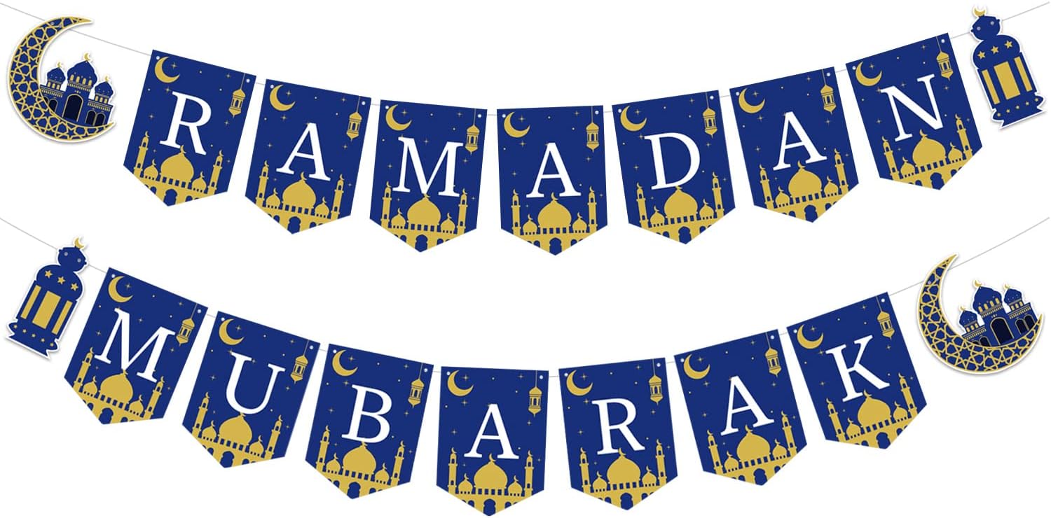 Ramadan Mubarak Banner Muslim Ramadan Mubarak Bunting Banner Garland with Lantern Moon Castle Sign Eid Mubarak Festival Celebration Party Decorations for Mantle Fireplace Wall Party Supplies