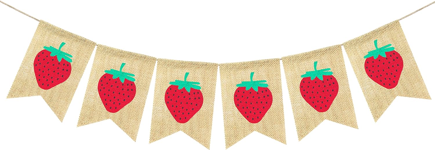 Burlap Strawberry Banner Garland, Strawberry Themed Baby Shower Birthday Party Decorations Supplies, Berry Sweet Home Office Classroom Hanging Sign Photo Booth Props