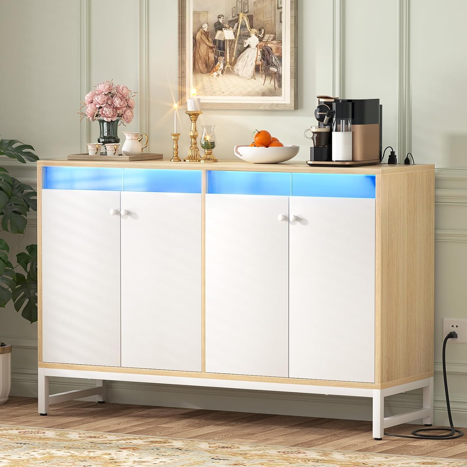 Aheaplus Sideboard Buffet Cabinet with Power Outlet, Kitchen Storage Cabinet with LED Light & Acrylic Doors, Accent Cabinet Cupboard Console Table for Dining Room, Kitchen, Hallway, Natural