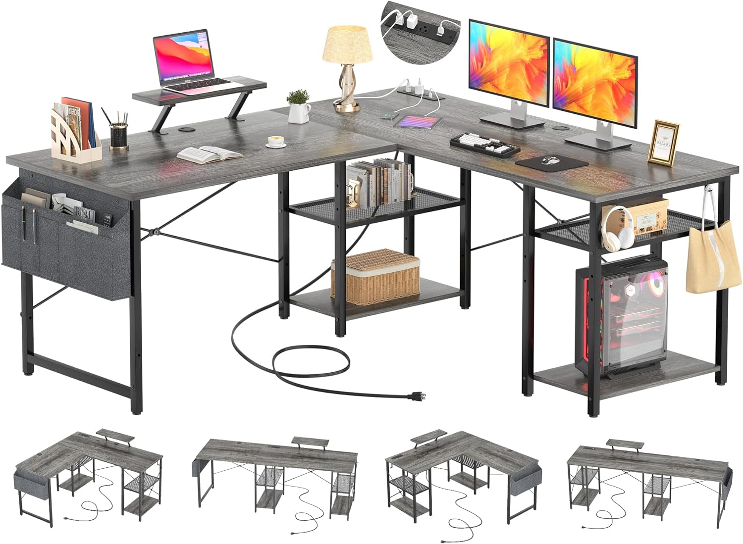 Aheaplus L Shaped Desk with Outlet and USB Charging Ports, L-Shaped Desk with Storage Shelves Reversible Corner Computer Desk 2 Person Long Table with Monitor Stand Gaming Home Office Desk, Oak