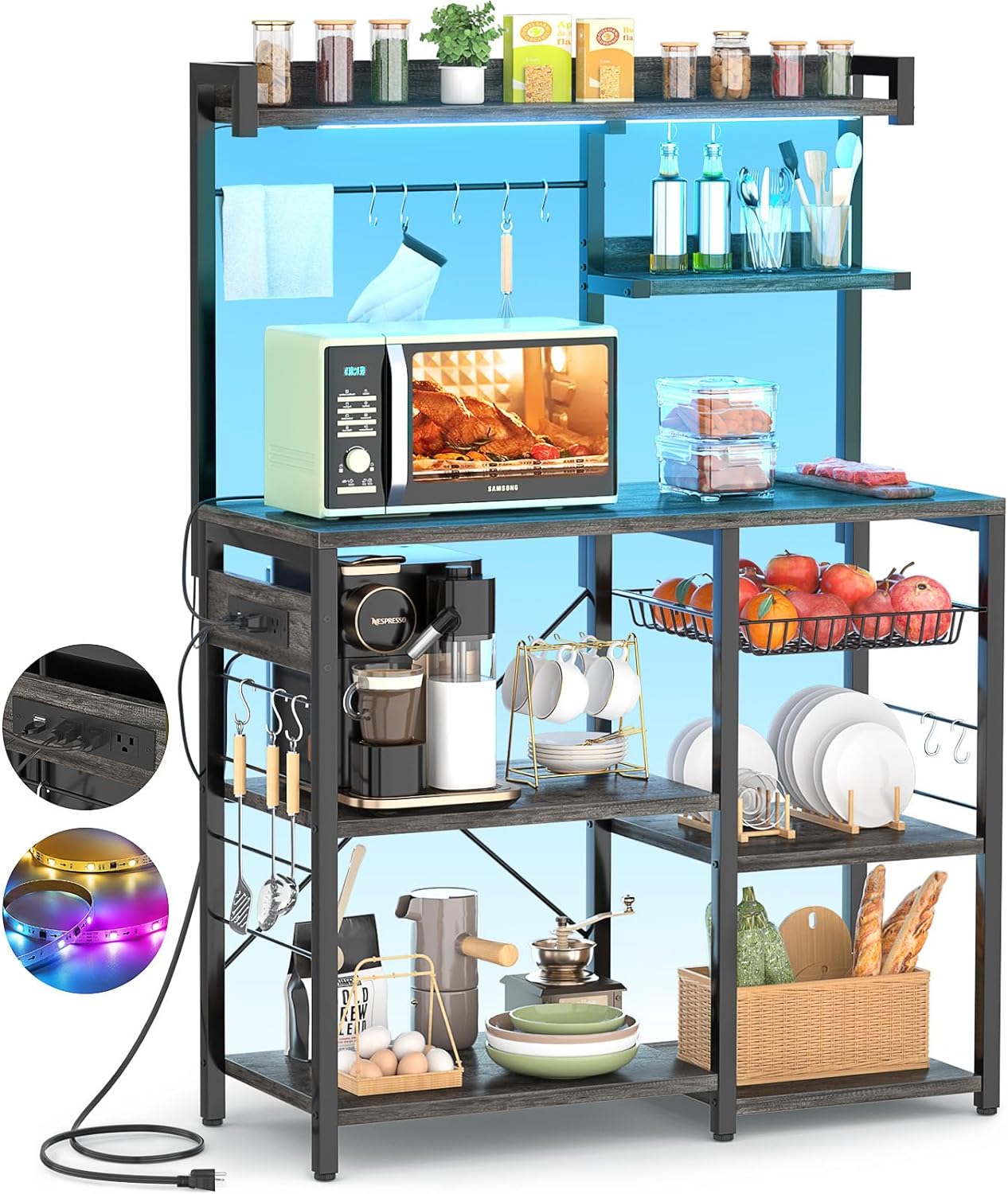 Aheaplus Bakers Rack with Power Outlet and LED Light Strings, Microwave Oven Stand Kitchen Storage Shelf with Wire Basket, Coffee Bar Station Island Table with 10 Hooks for Spices, Pots, Black Oak