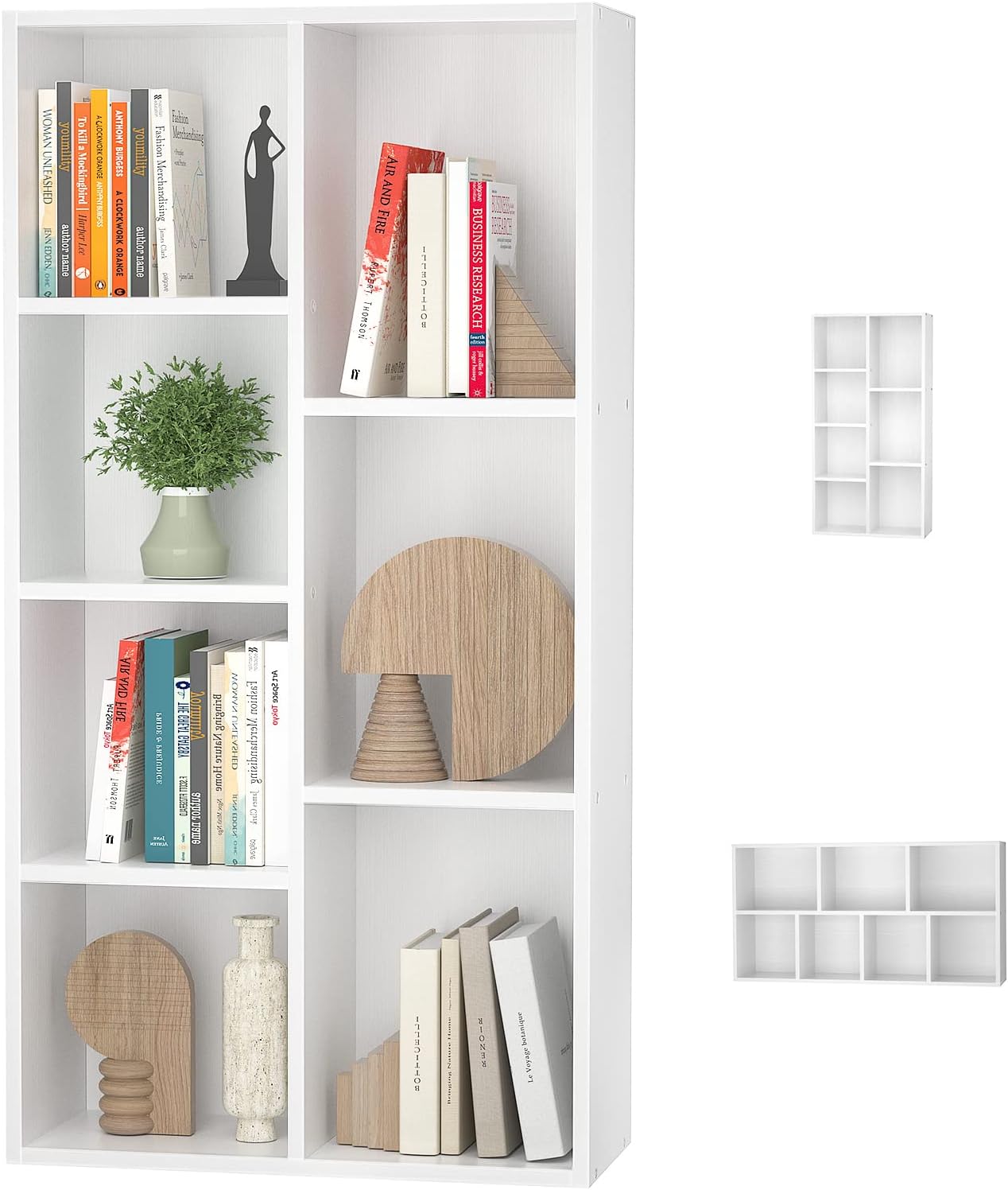 Aheaplus Bookcase Storage Shelves 7-Cube Organizer Bookshelf Display Cube Shelves Compartments Floor Standing Wood Open Bookshelves for Office Home School Shelf Display for Cd/Magazine/Book, White