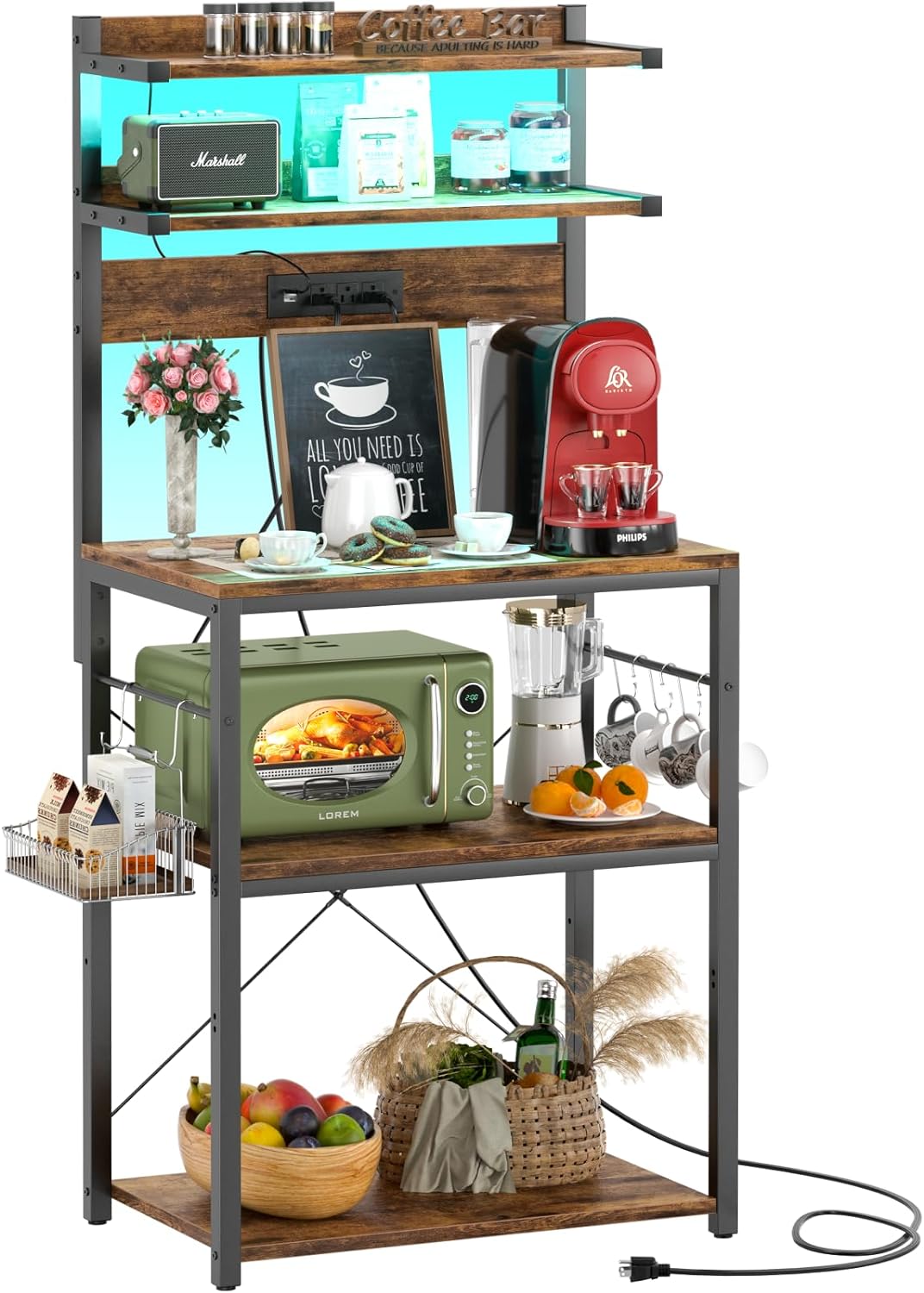Aheaplus Bakers Rack with Power Outlet, Microwave Stand, 5 Tiers Coffee Bar Station with Led Lights, Kitchen Storage Shelf with 6 S-Shaped Hooks, Kitchen Rack for Spices, Pots and Pans, Rustic Brown